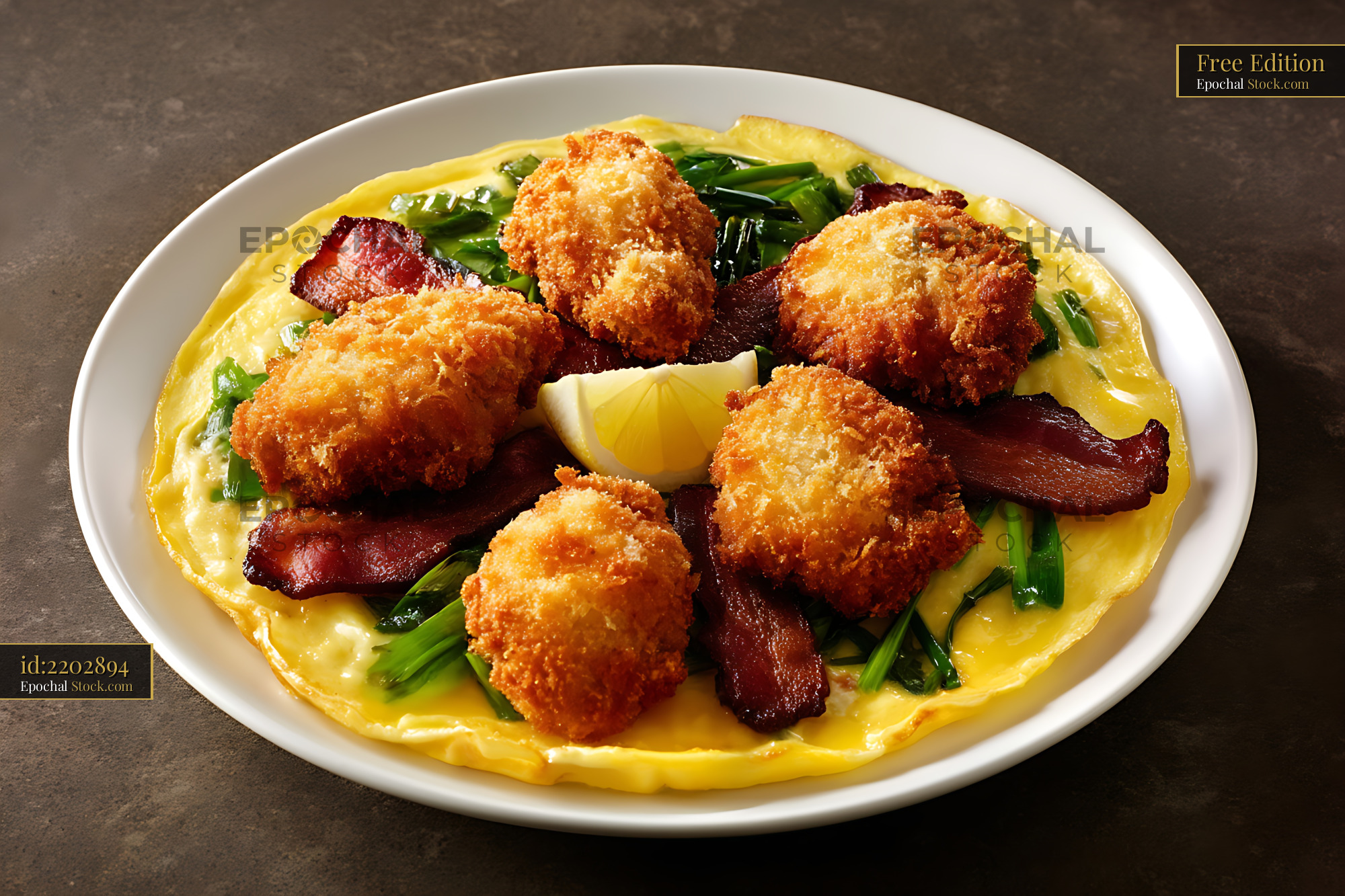 Crispy Shrimp Omelet with Beets and Scallions - stock photo