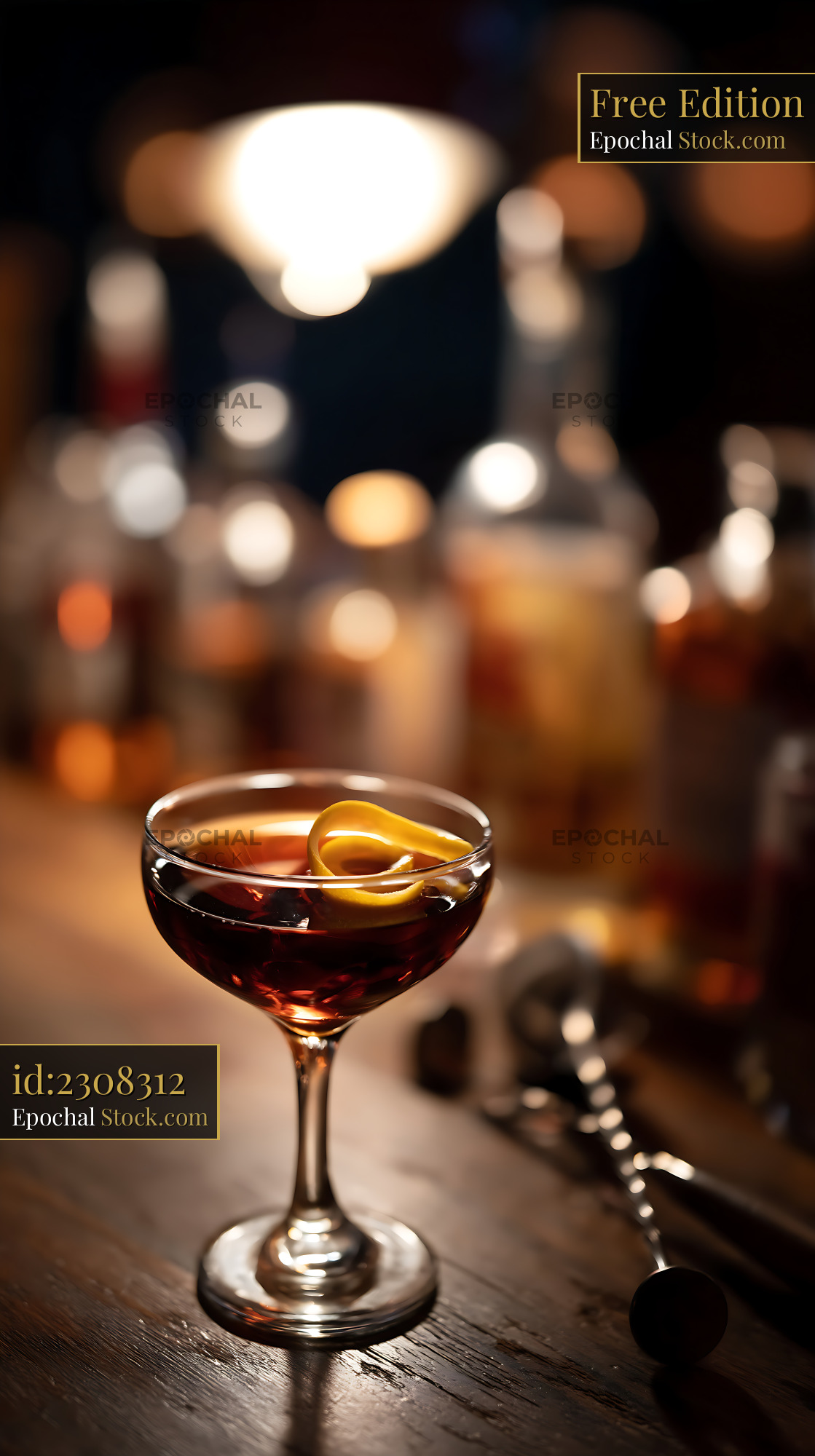 Bushwick Cocktail with Lemon Twist in Bar - stock photo