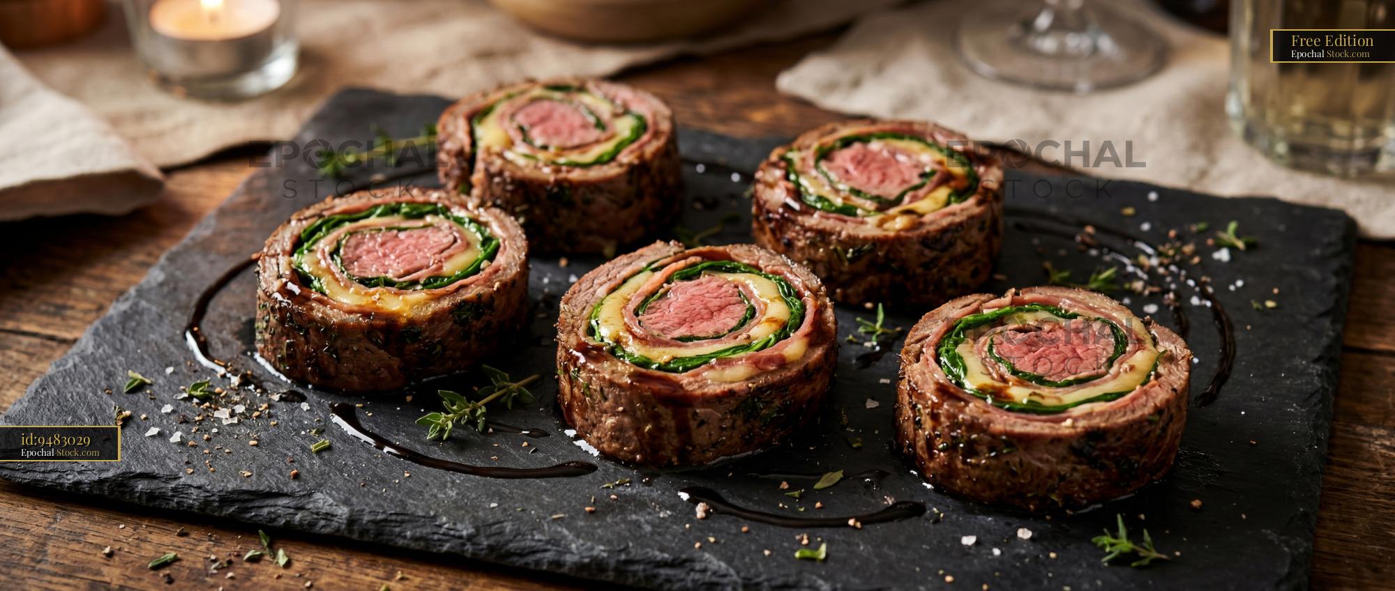 Beef Wellington Slices on Dark Slate Plating - stock photo