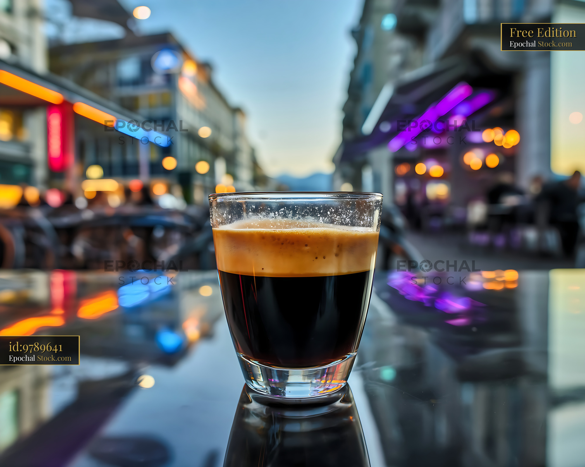 Nitro Caramel Coffee with City Lights at Dusk - stock photo