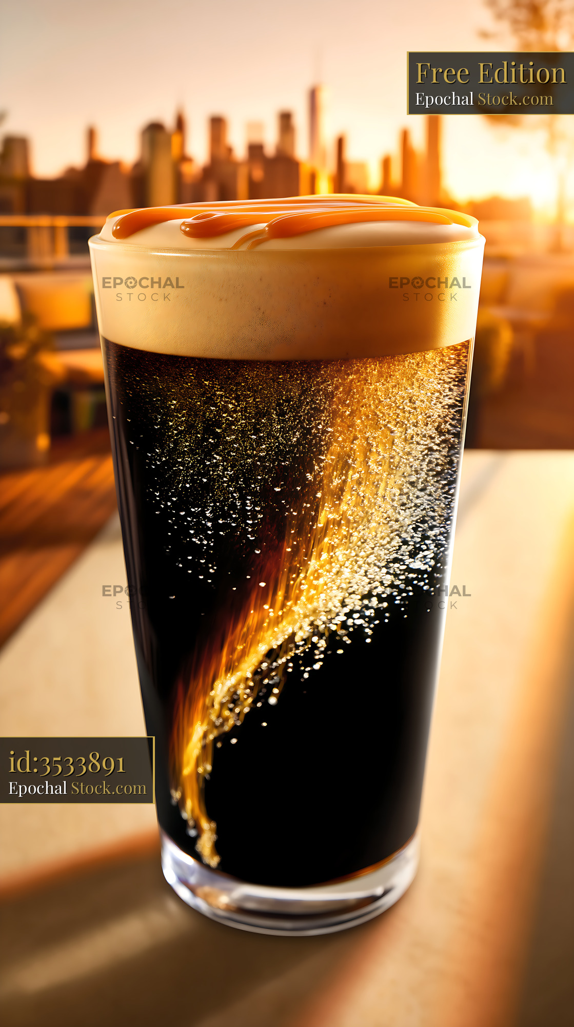 Nitro Caramel Coffee Cold Drink Rooftop Sunset - stock photo