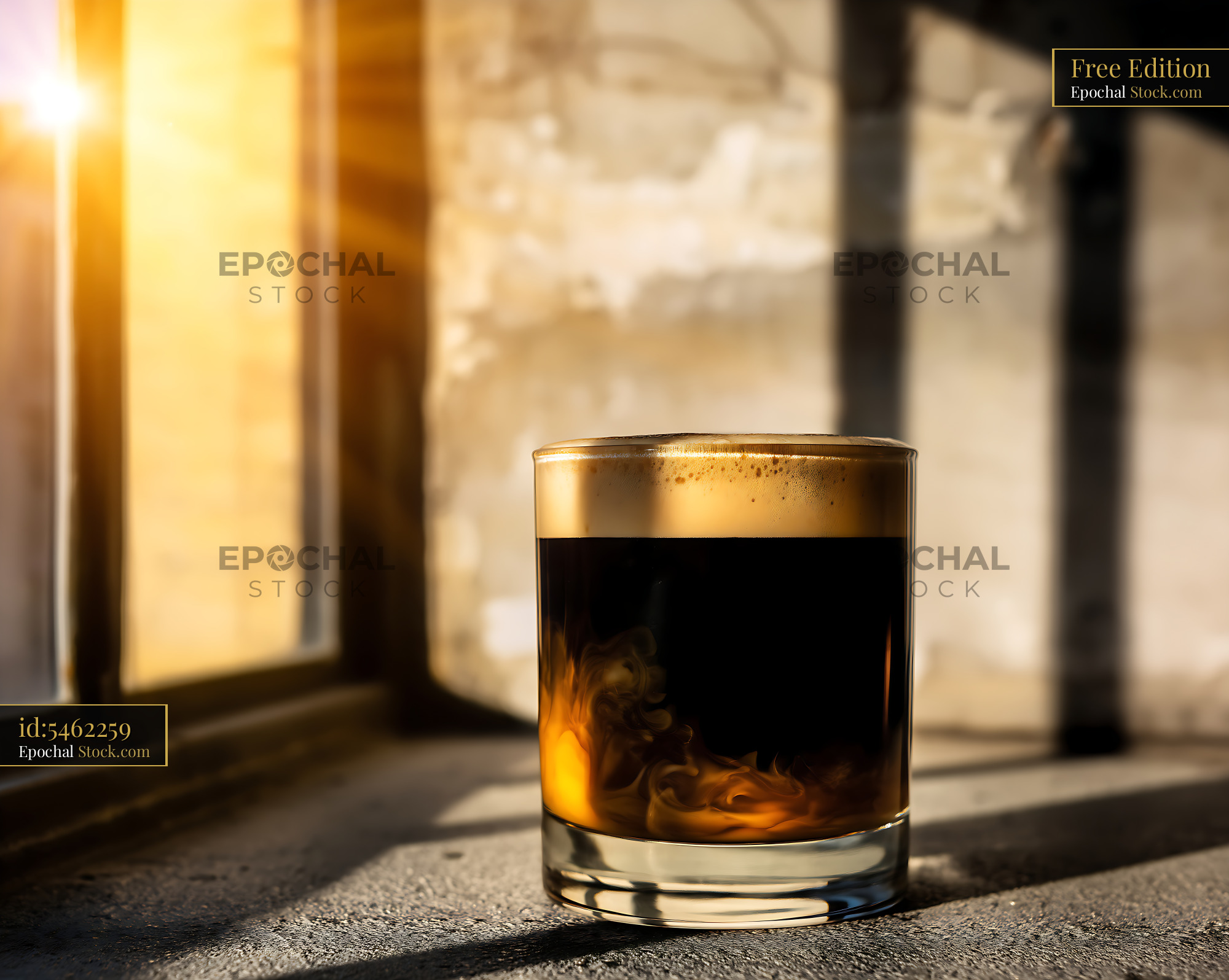 Nitro Caramel Coffee in Sunlit Room - stock photo