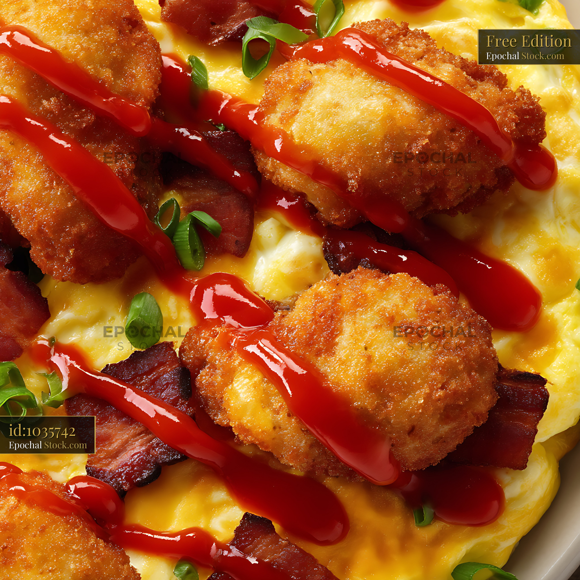 Crispy Fried Chicken on Cheesy Omelet with Bacon - stock photo