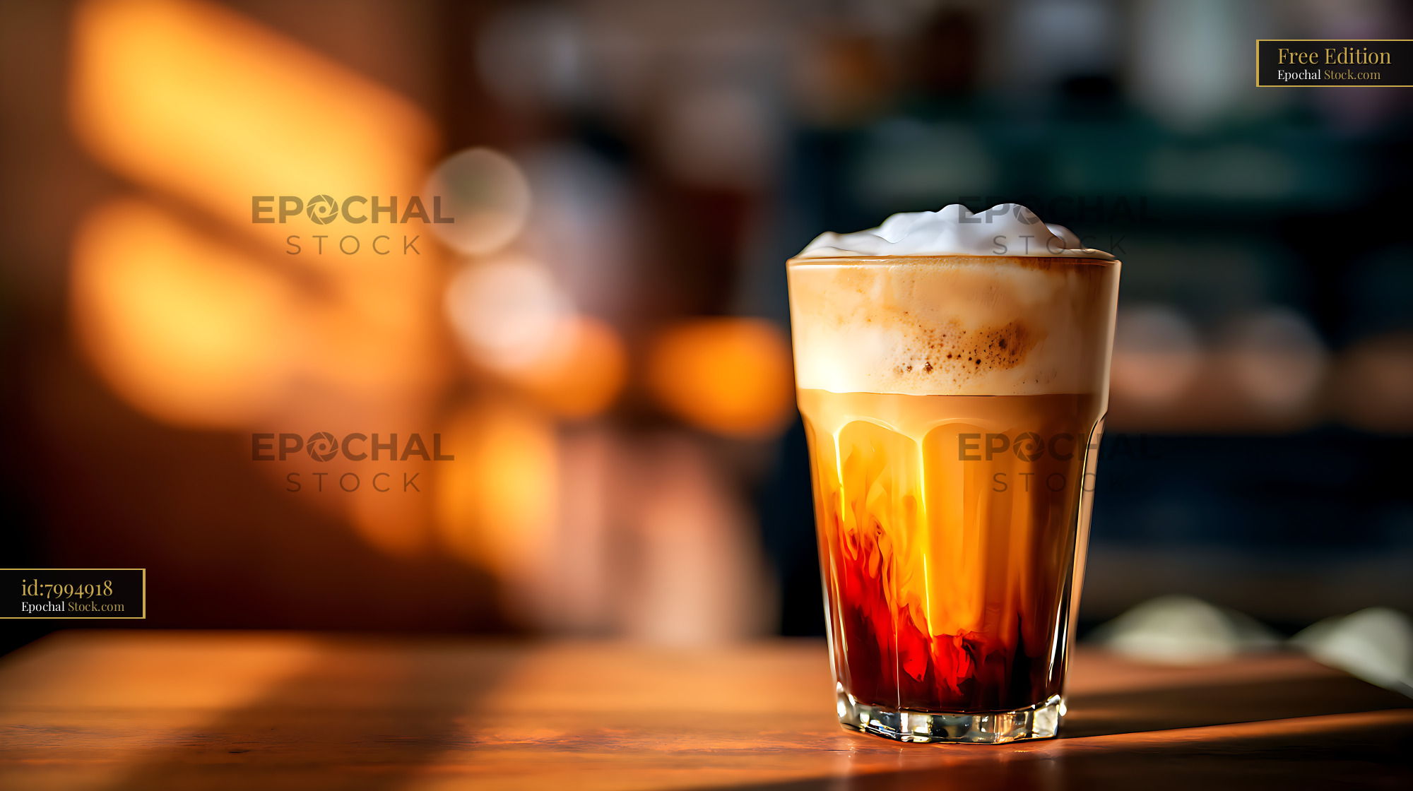 Iced Coffee with Whipped Cream, Warm Cafe Glow - stock photo