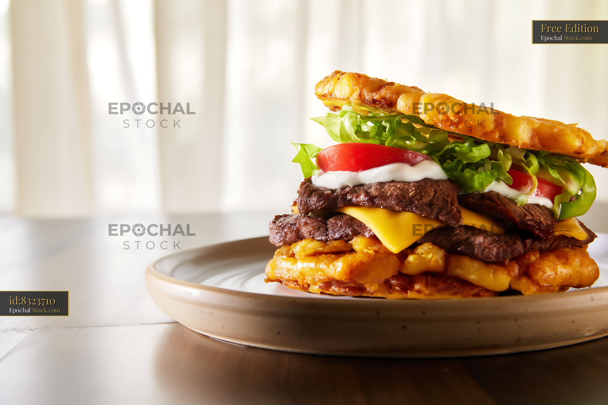 Gourmet Beef Burger with Waffle Fries & Pretzel - stock photo