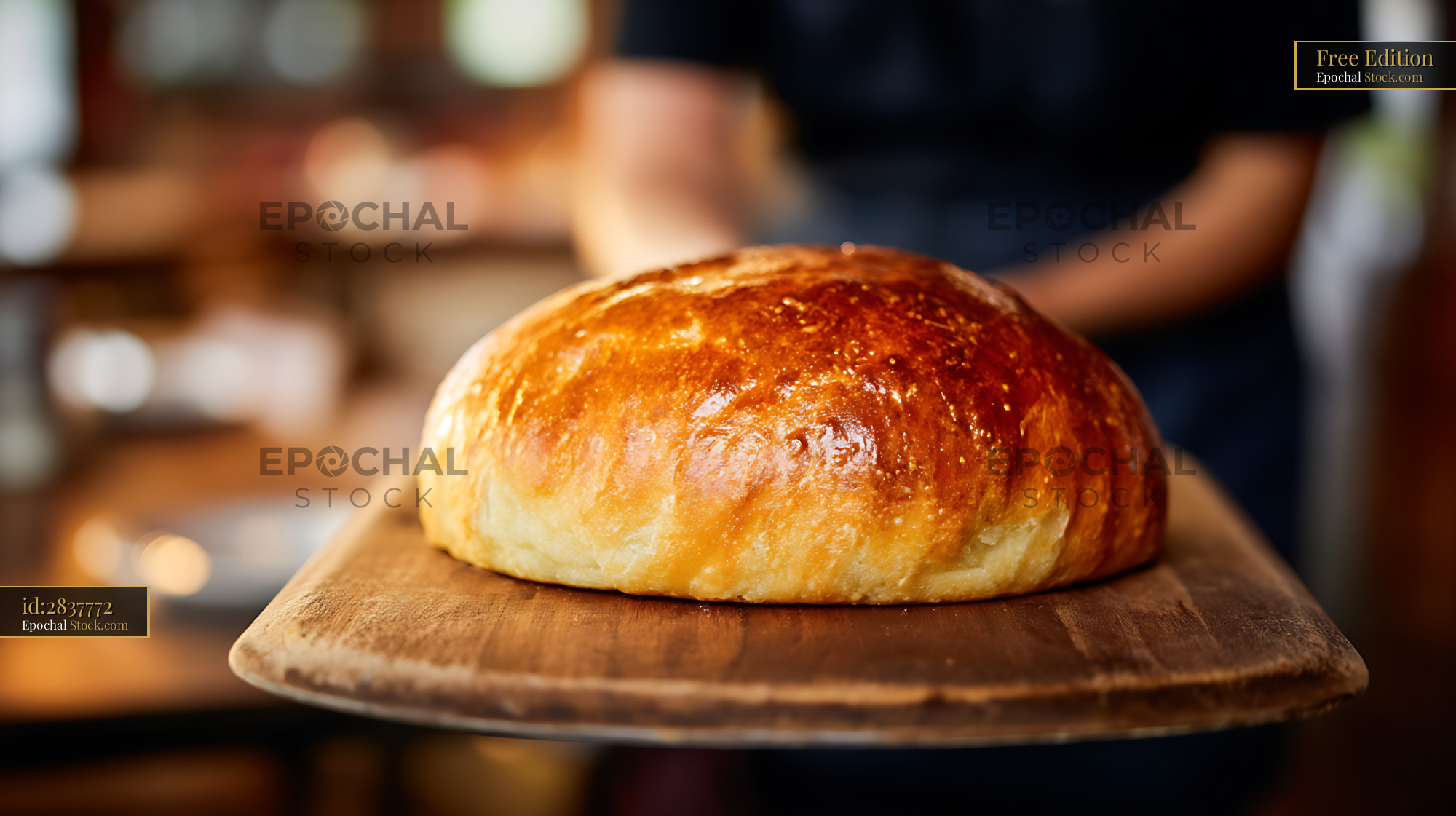 Golden Artisan Bread Roll on Wooden Board - stock photo