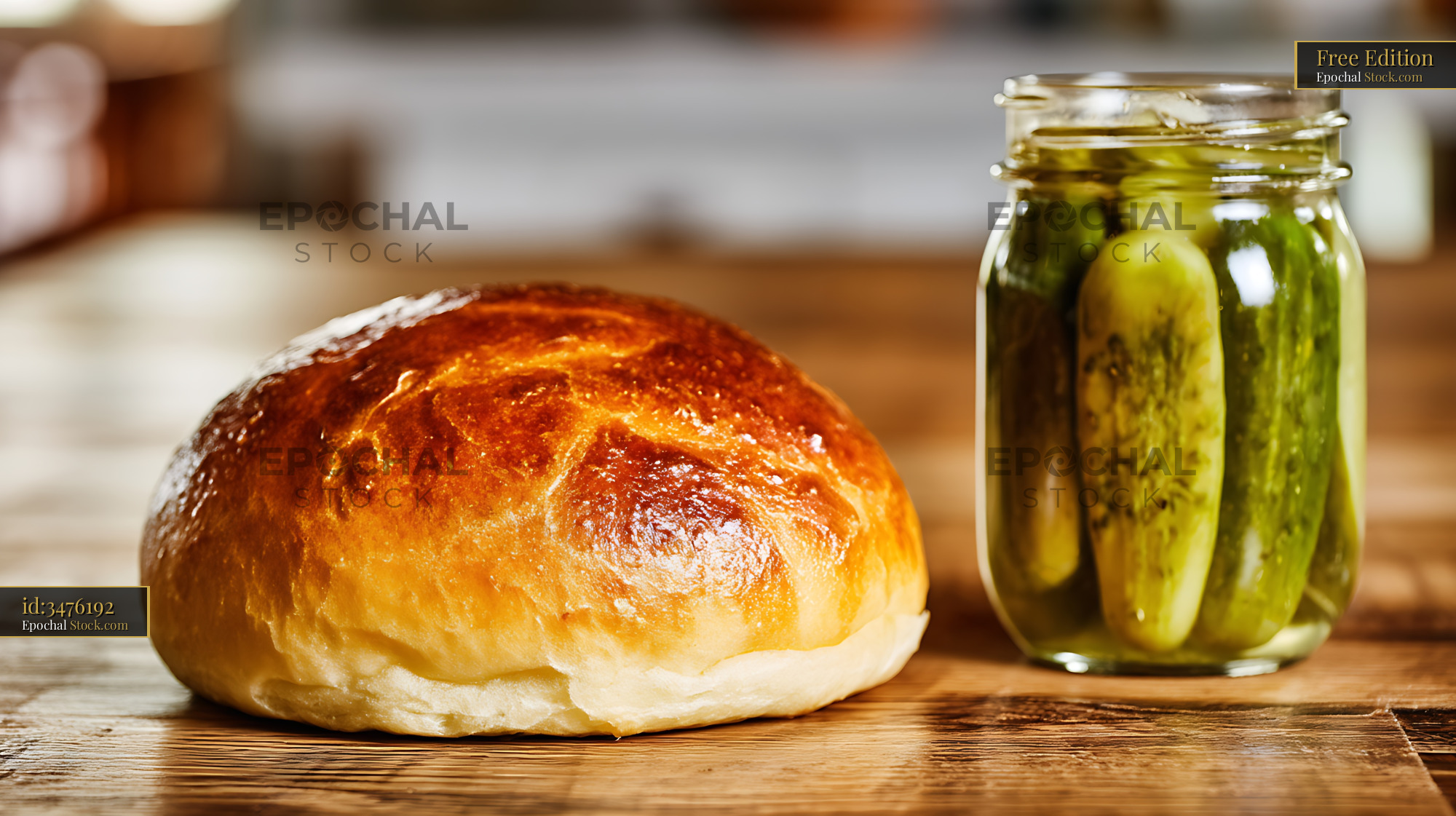 Fresh Baked Bread Roll and Pickled Cucumbers - stock photo