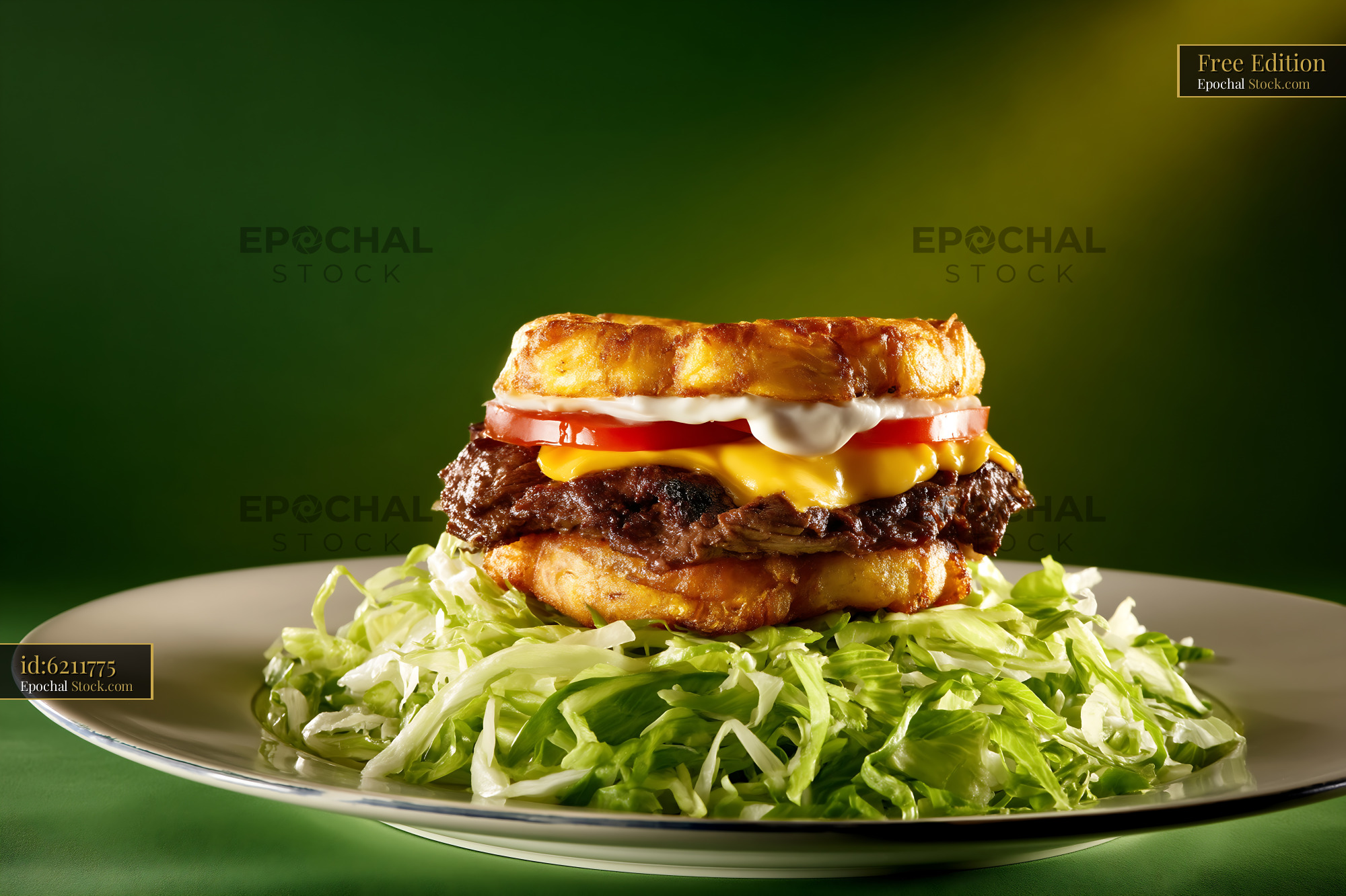 Gourmet Cheeseburger on Fresh Lettuce Base - stock photo