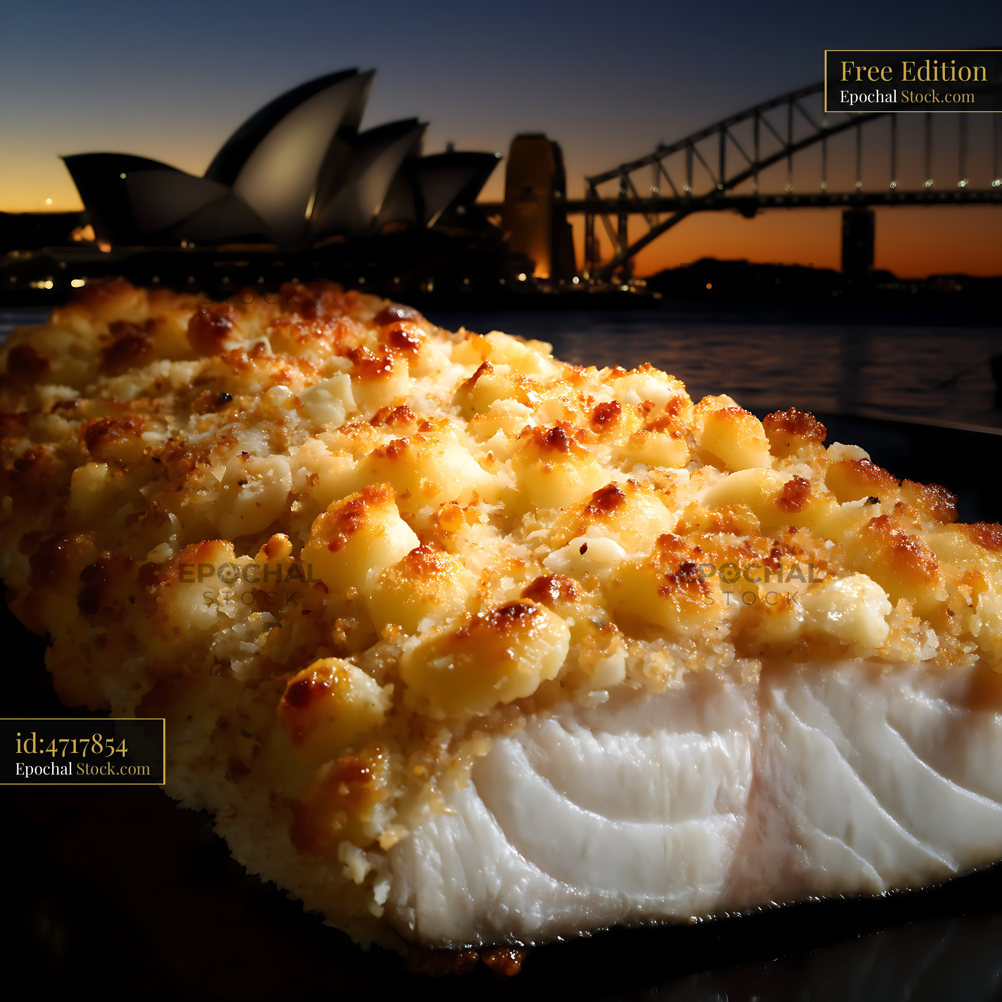 Parmesan Crusted Fish at Sydney Harbour Sunset - stock photo