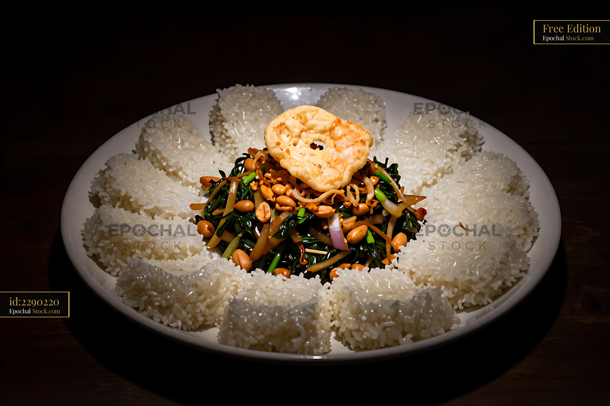Shrimp Stir-Fry with Molded Jasmine Rice - stock photo