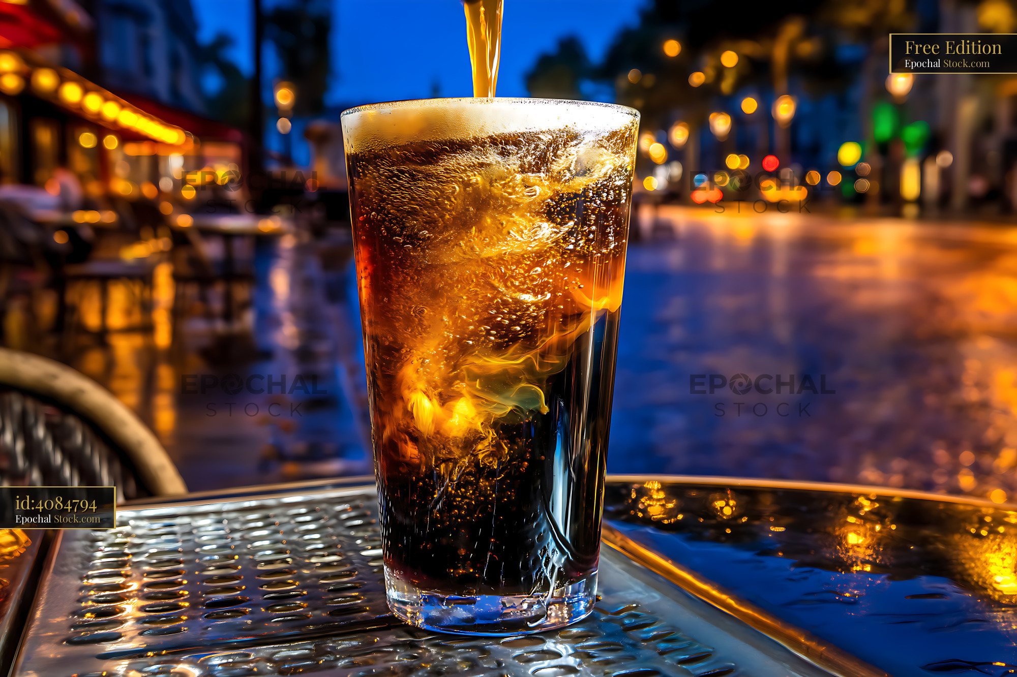 Iced Cola Poured at Evening Urban Street Cafe - stock photo