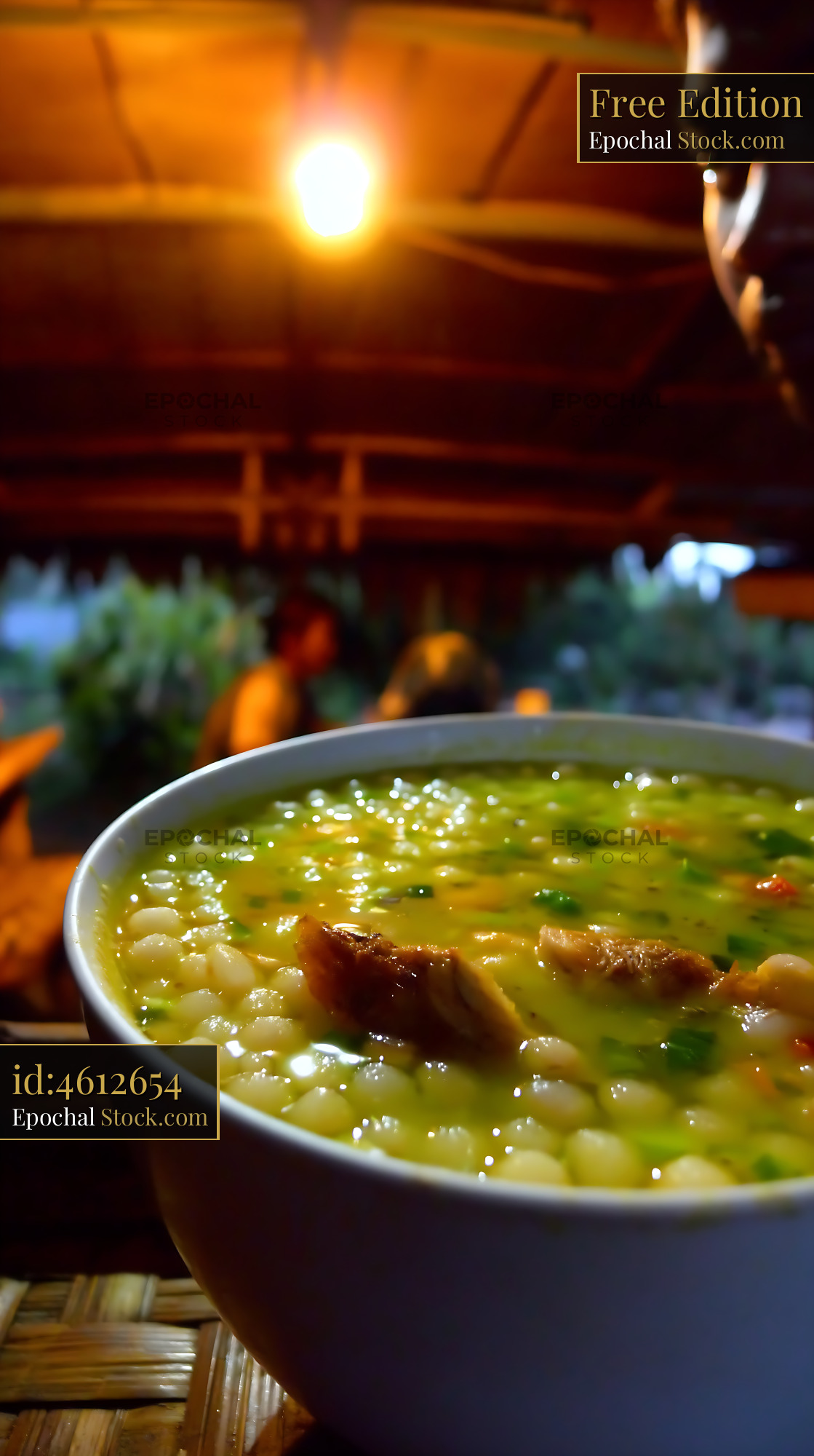 Lor Mee Soup with Chicken, Warm Lighting, Cozy Setting - stock photo