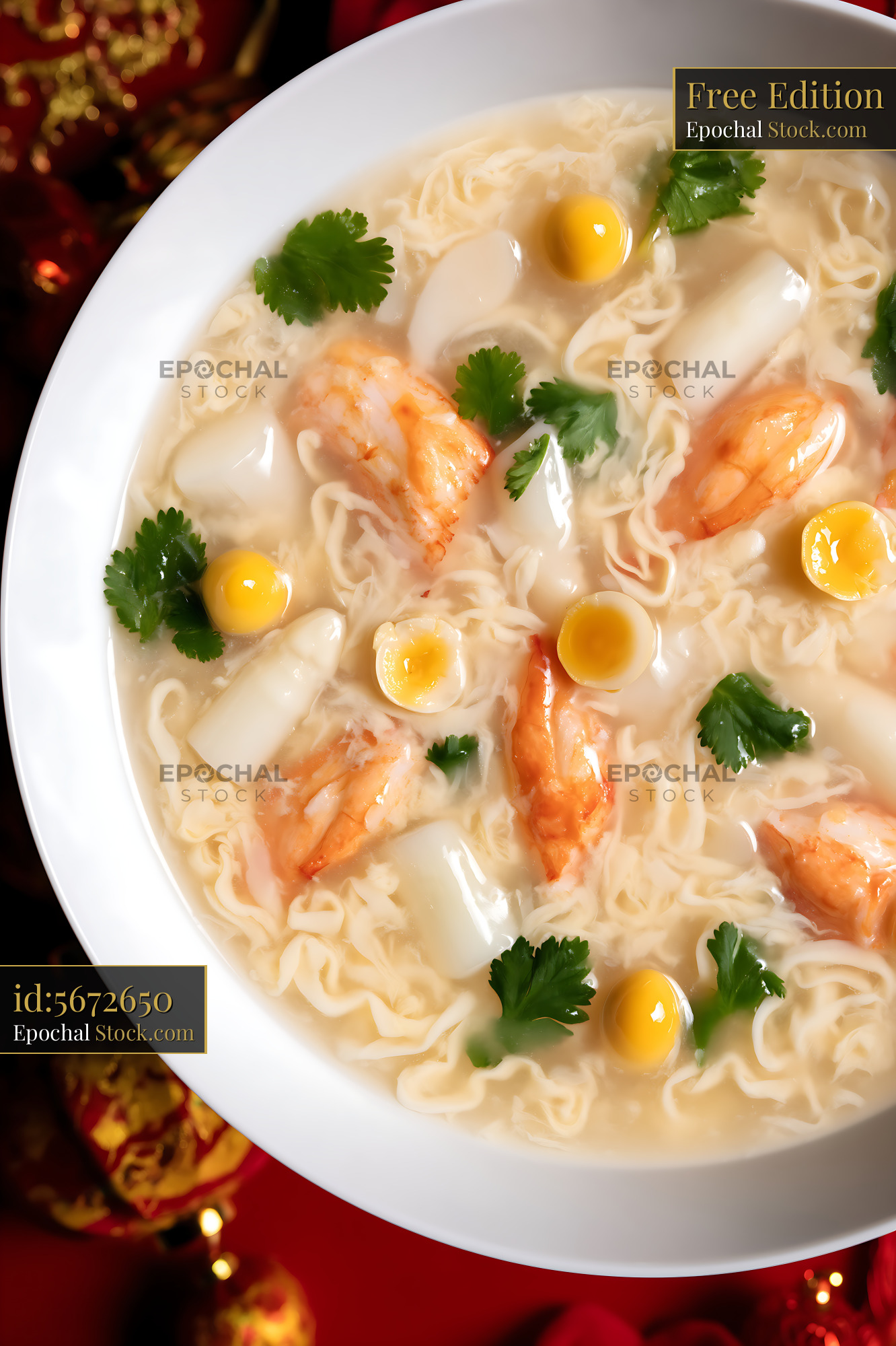 Sup Mang Cua Soup Bowl with Shrimp, Quail Egg, Noodles - stock photo