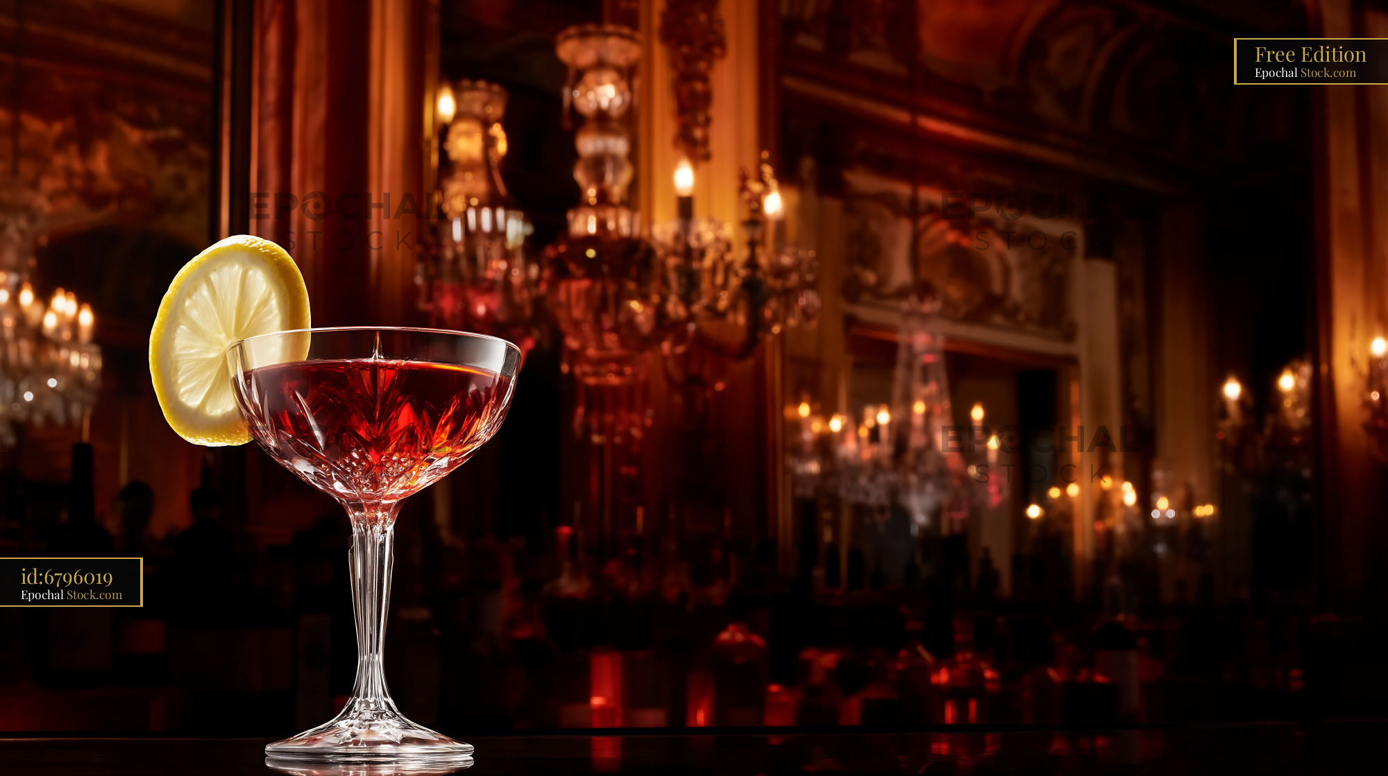 Red Cocktail with Lemon in Luxury Ballroom - stock photo