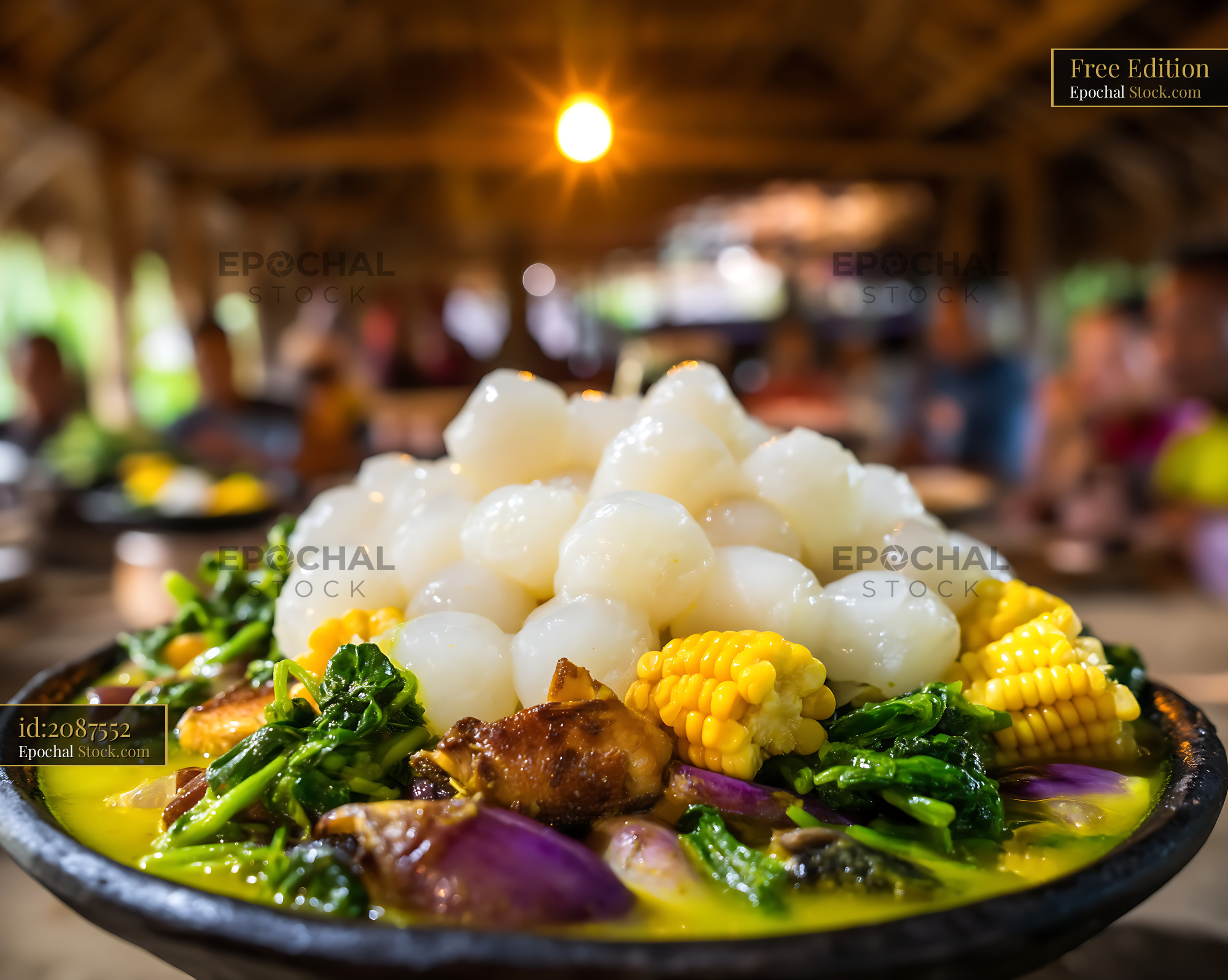 Flavorful Lor Mee Soup with Tapioca, Corn, and Greens - stock photo