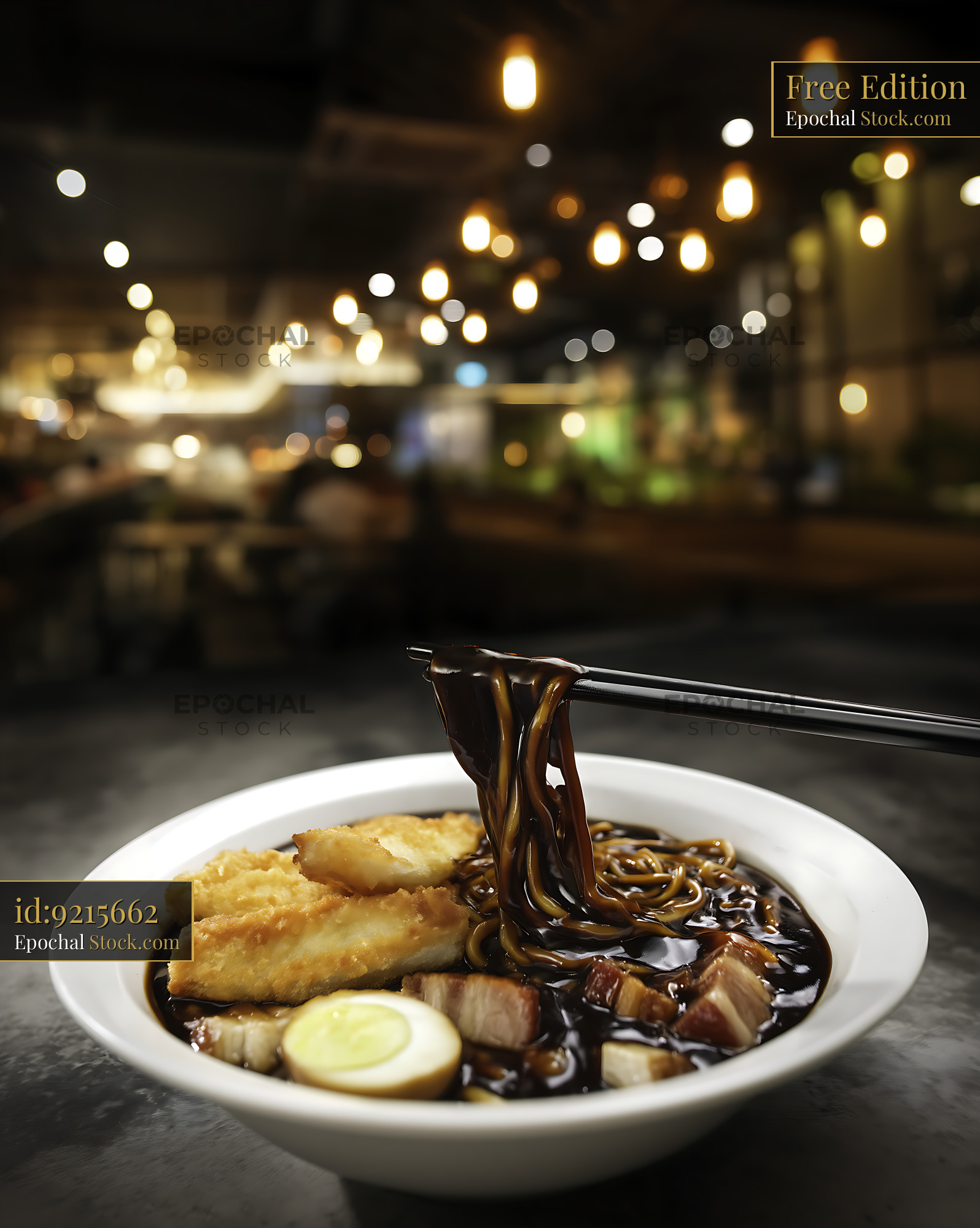 Chopsticks Lifting Rich Lor Mee Soup from Bowl in Restaurant - stock photo