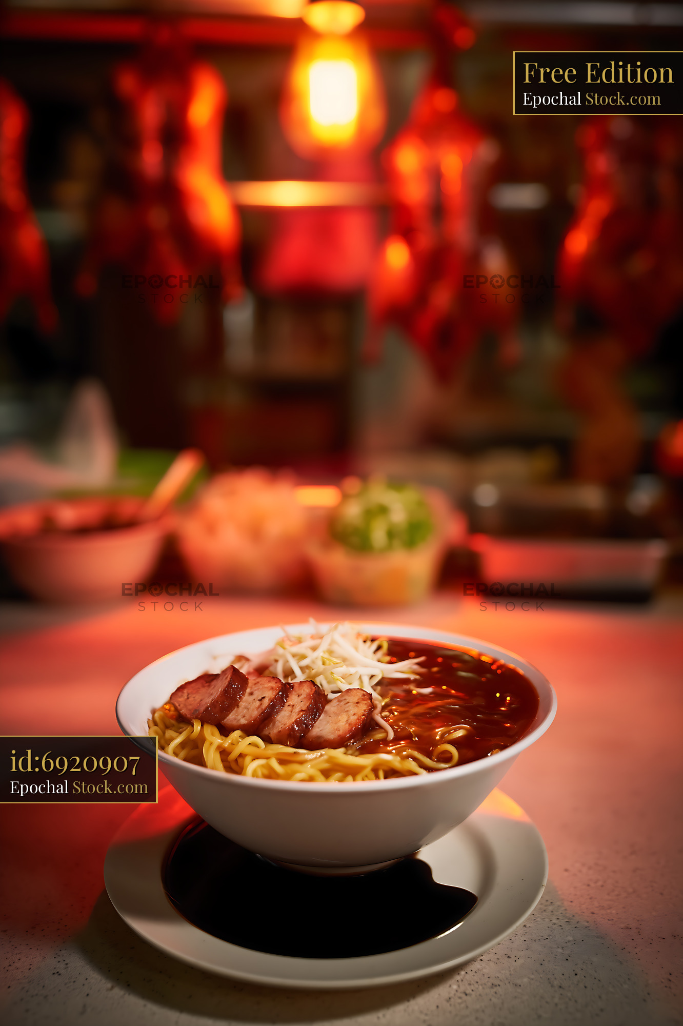 Lor Mee Soup with Sliced Meat in Red-Lit Eatery - stock photo