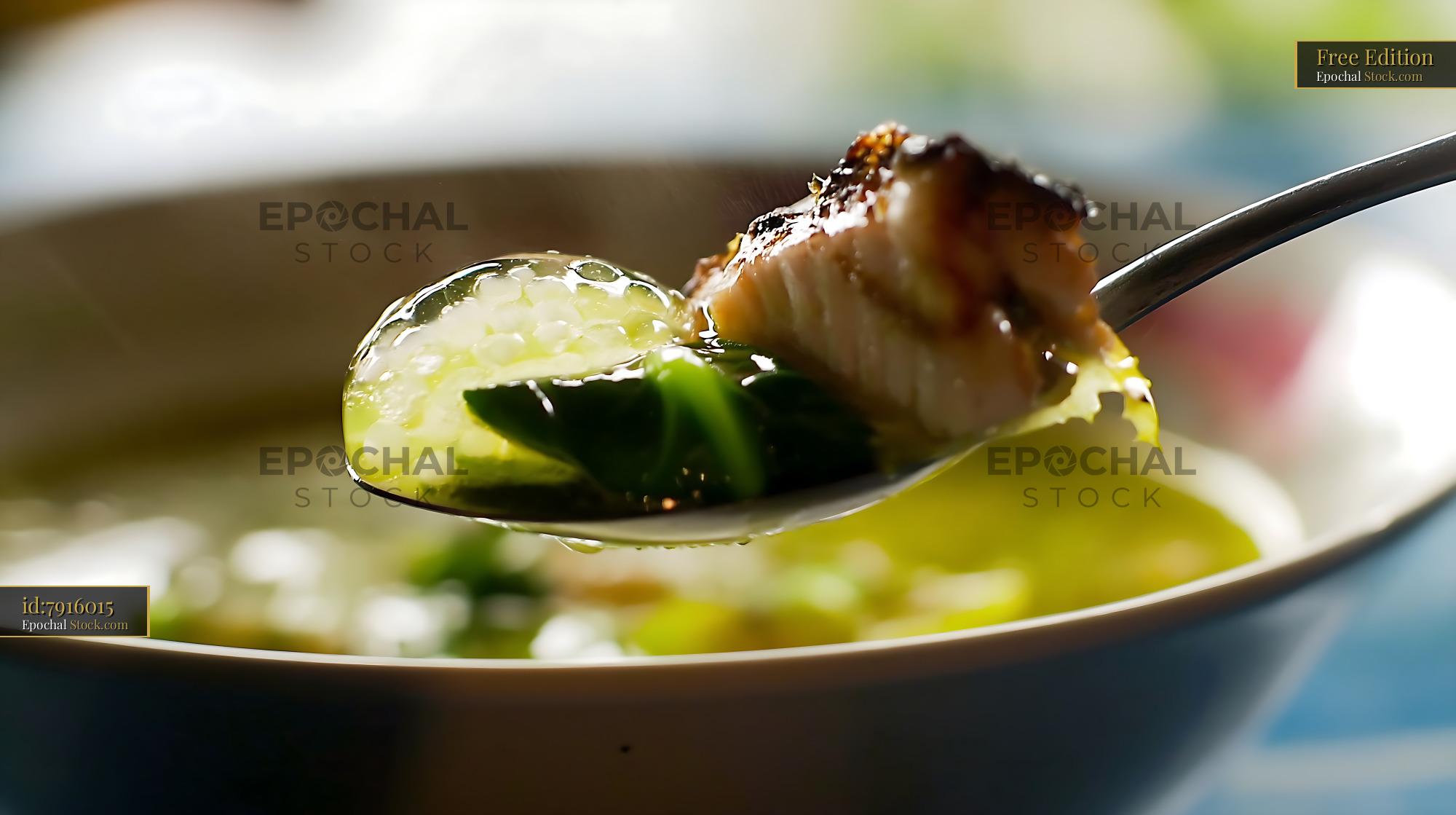 Steaming Kapurung Soup Spoonful with Fish and Greens - stock photo