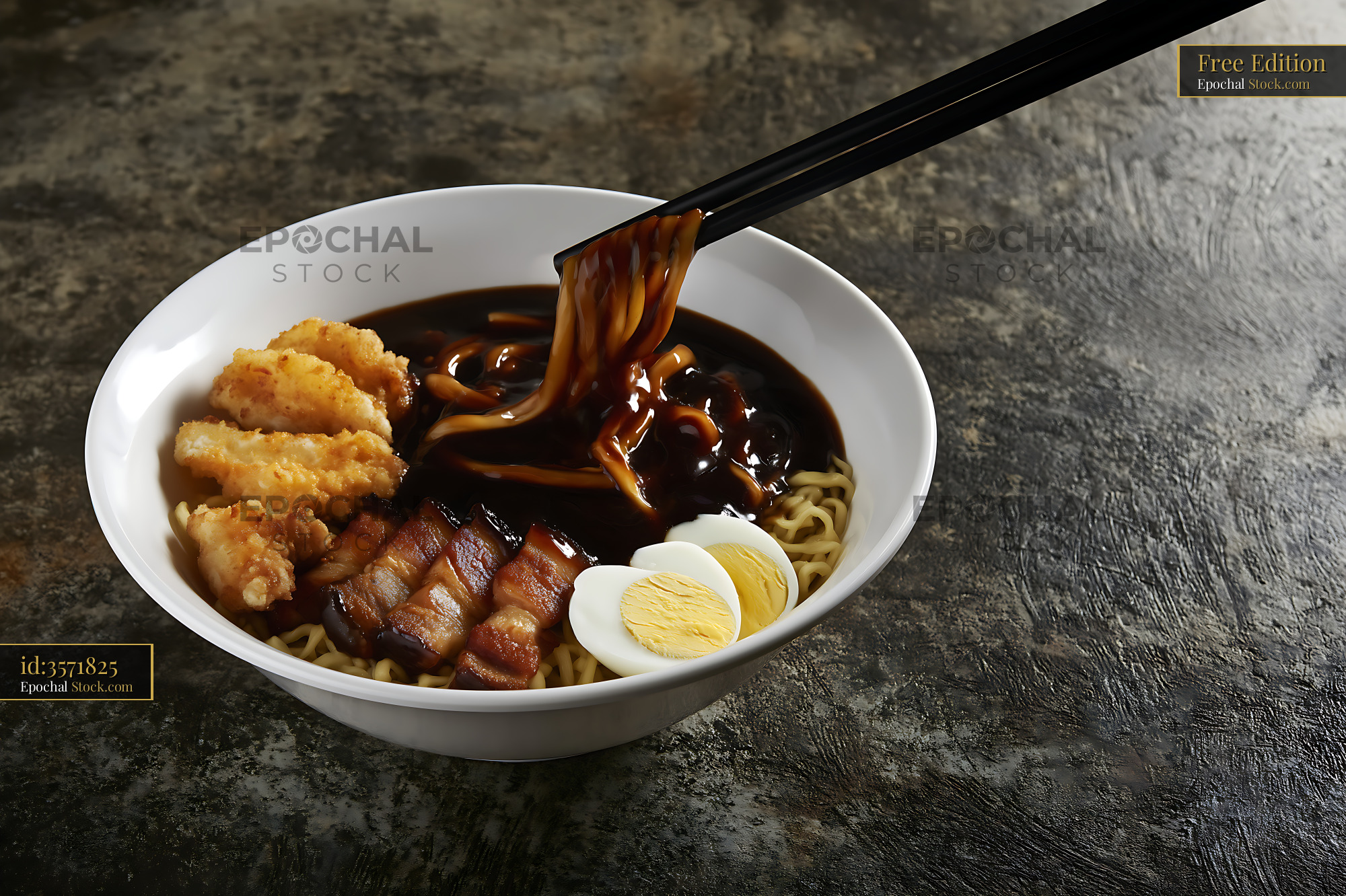 Lor Mee Soup Bowl with Pork Belly and Fried Chicken - stock photo