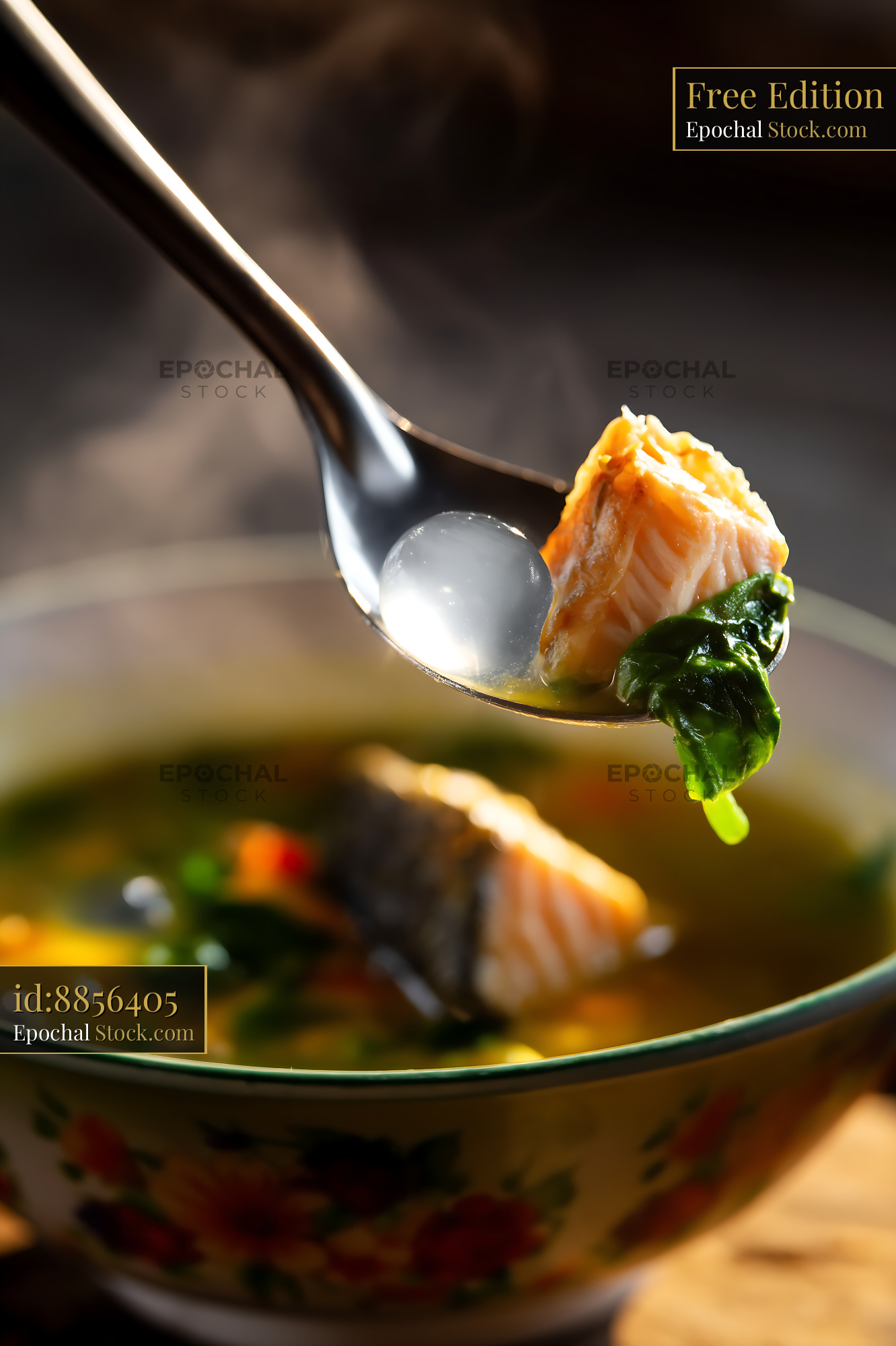 Steaming Kapurung Soup Spoonful with Salmon and Sago - stock photo