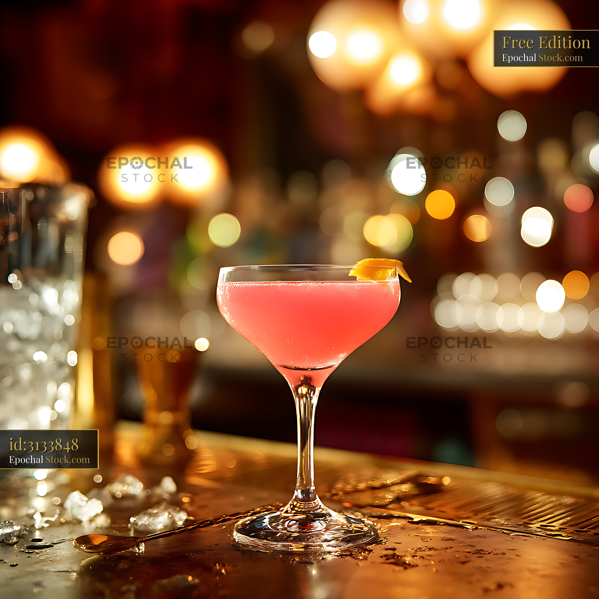 Pink Cocktail with Orange Twist at Bar - stock photo