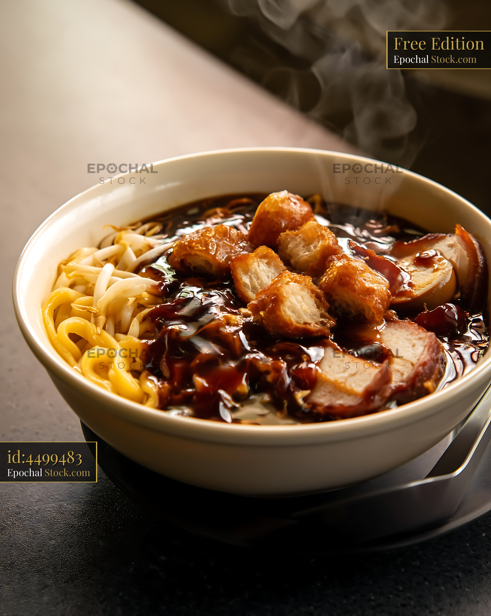 Steaming Hot Lor Mee Soup with Crispy Bits and Noodles - stock photo