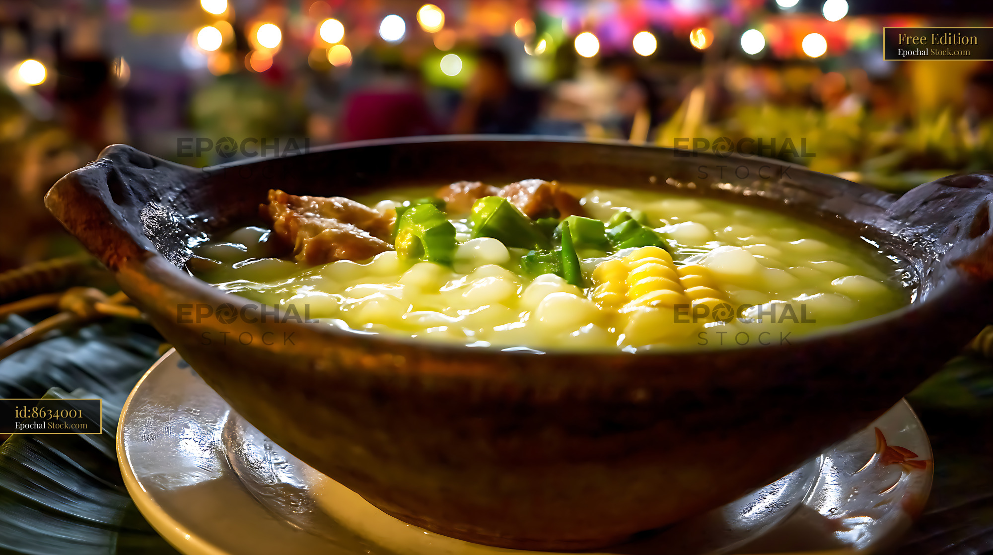 Traditional Colombian Soup in Clay Pot at Festive Evening Market - stock photo
