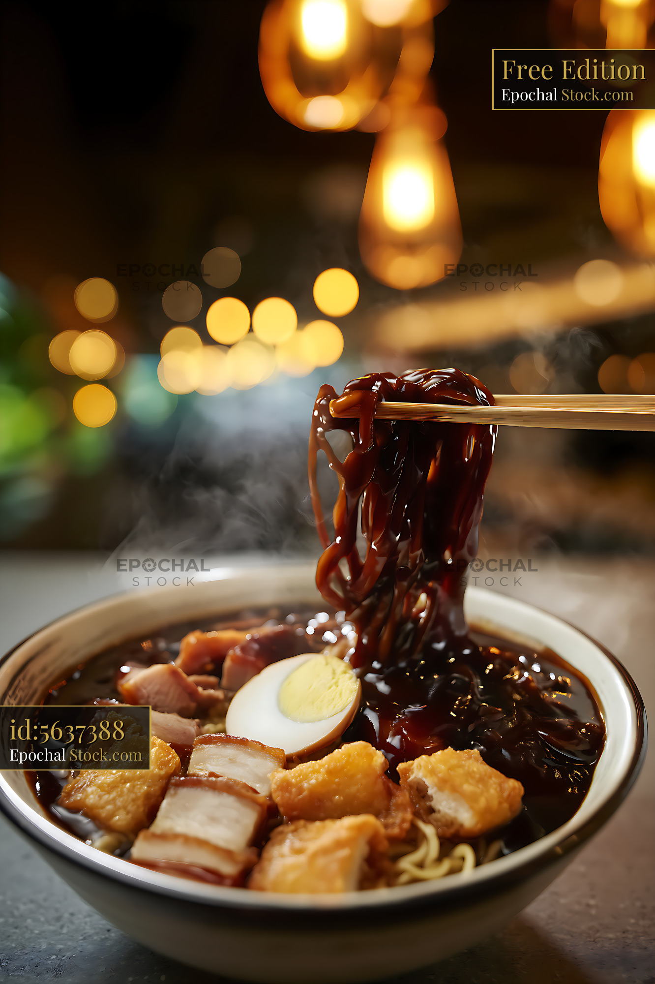 Steaming Dark Noodles Lifted by Chopsticks in Restaurant - stock photo