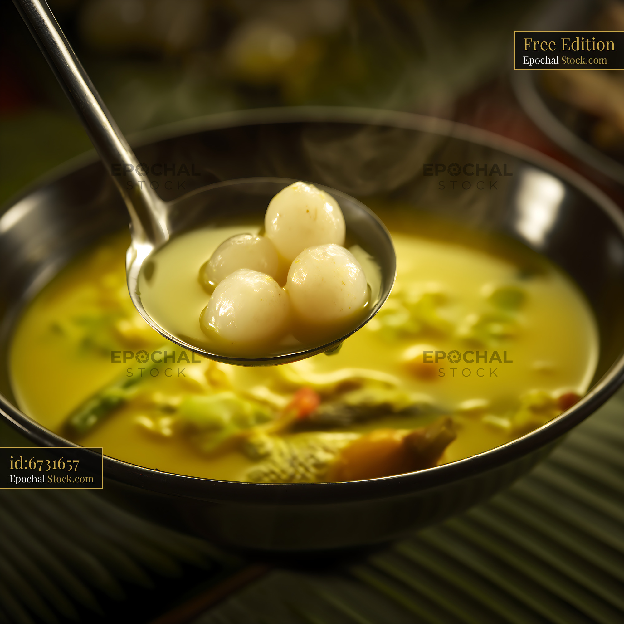 Hearty Lor Mee Soup with Fish Balls in a Ladle - stock photo