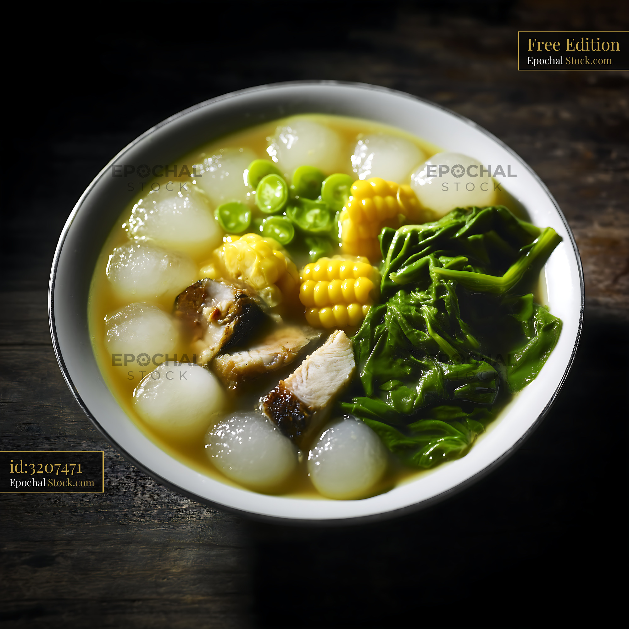 Kapurung Soup with Chicken, Corn, and Vegetables - stock photo