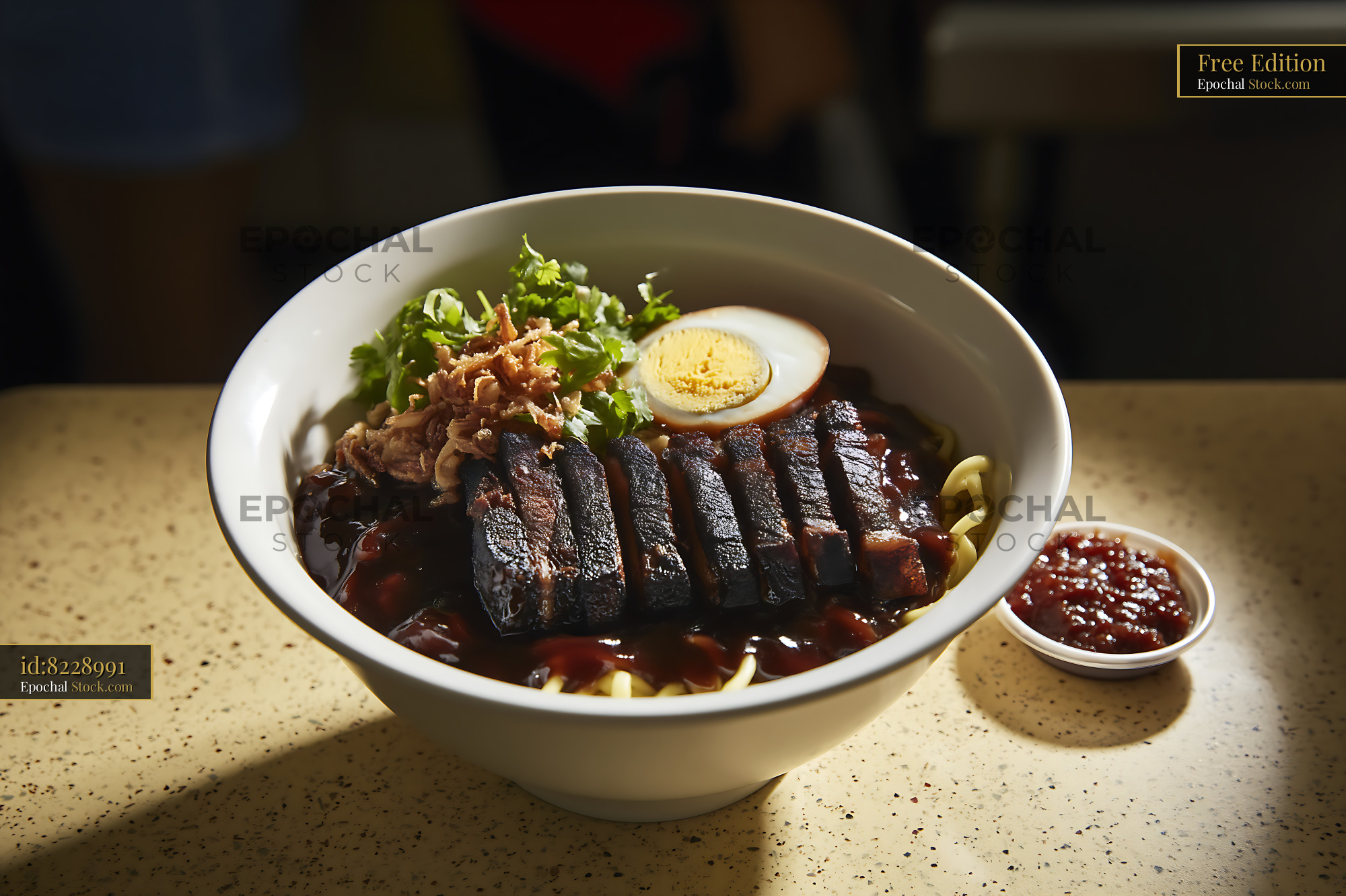 Lor Mee Soup with Braised Pork and Egg on Table - stock photo