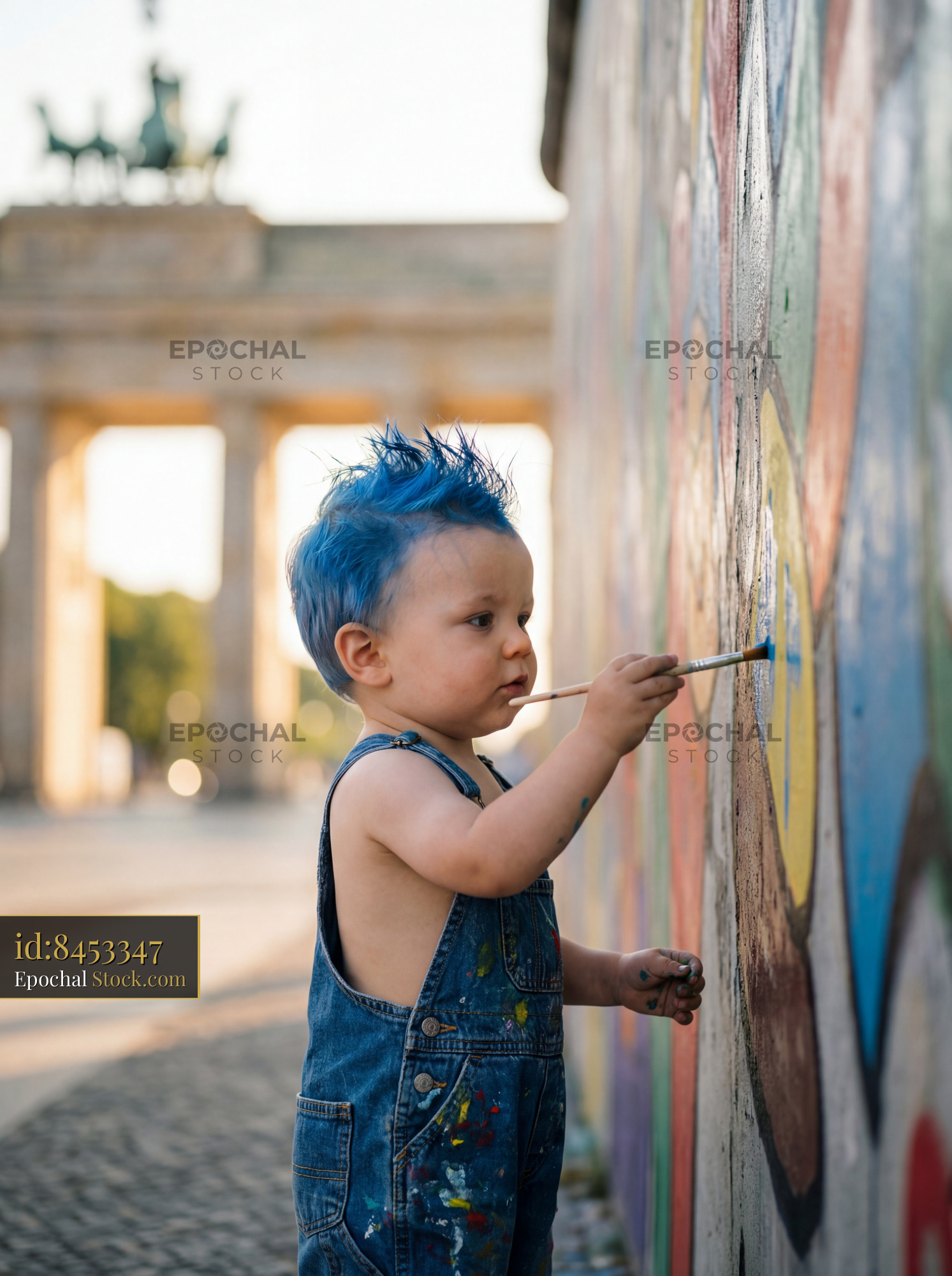 Child paints colorful mural near historic landmark in Berlin