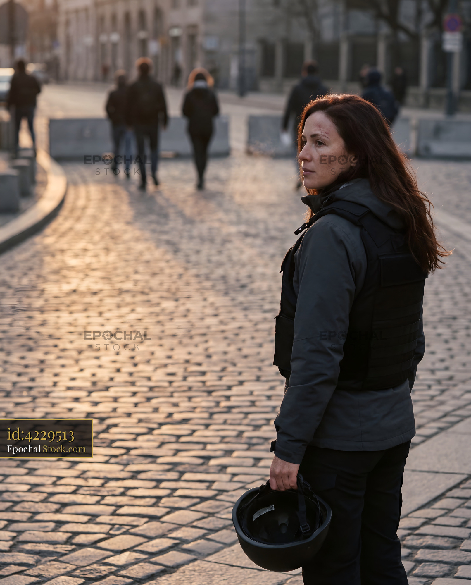 Woman in black vest walks on cobblestone street at sunset Premium Stock Photo