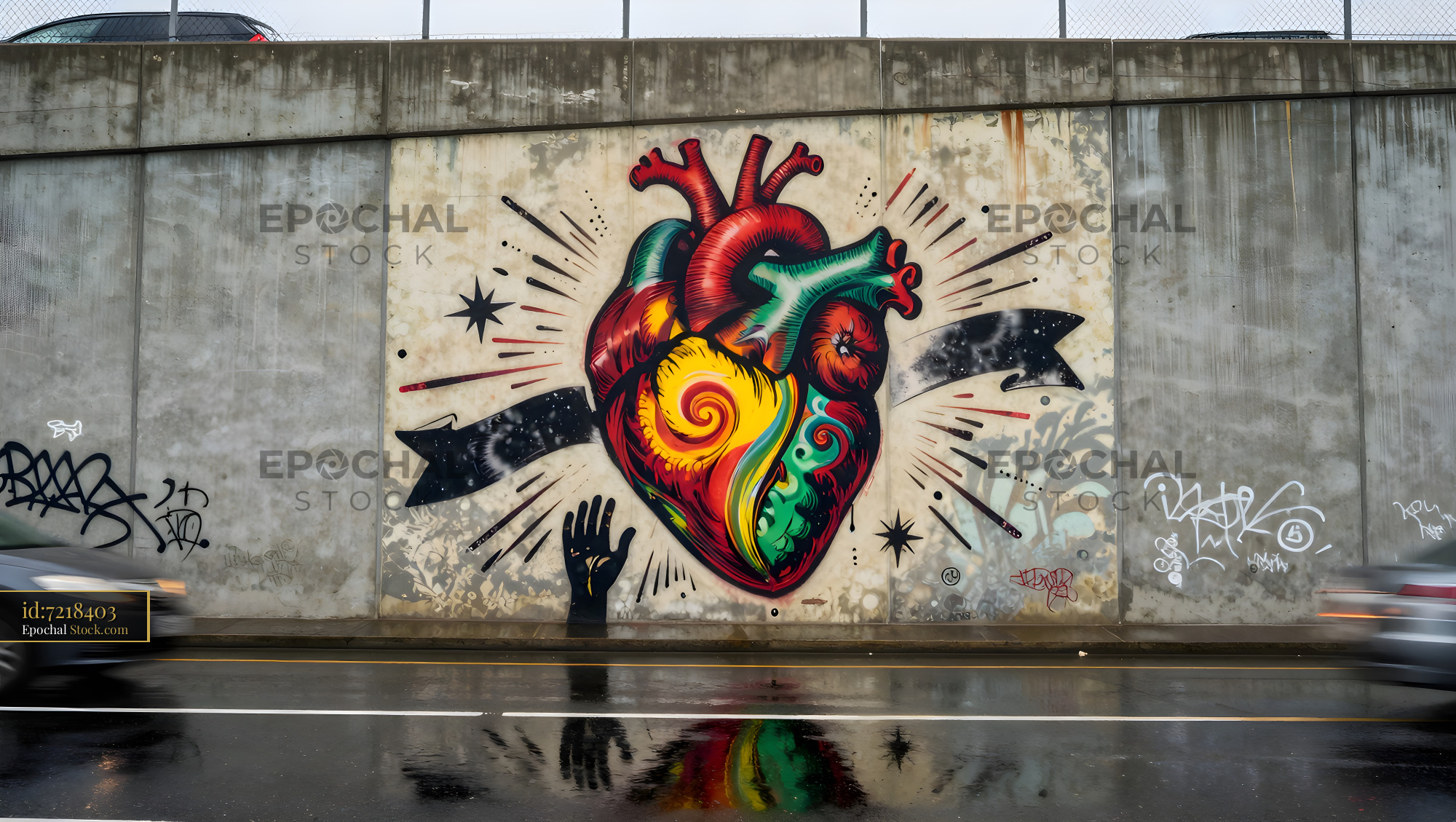 Colorful heart mural on urban wall near busy road Premium Stock Image