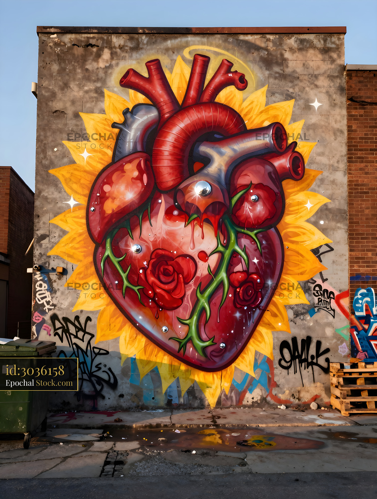 Mural of a heart with roses on a city wall during sunset Premium Stock Image