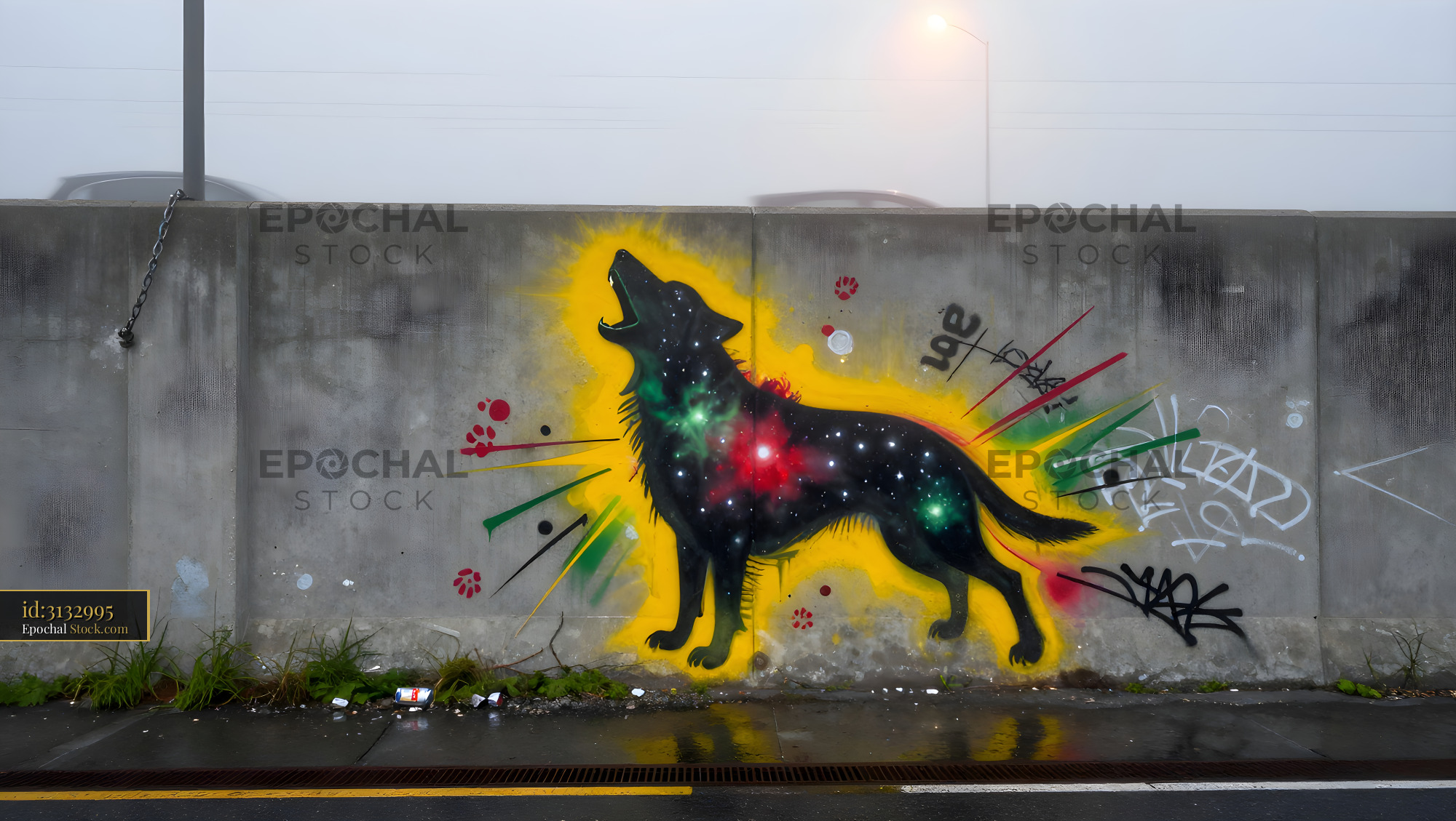 Colorful wolf mural decorates urban wall in foggy weather Premium Stock Photo