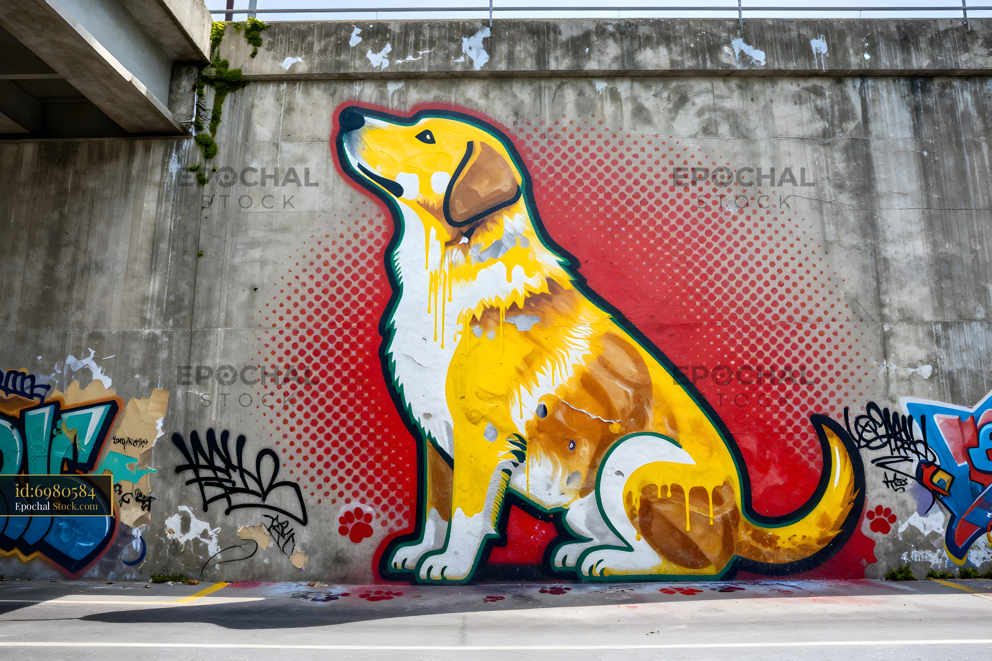 Mural of a golden dog on a concrete wall in the city Premium Stock Image