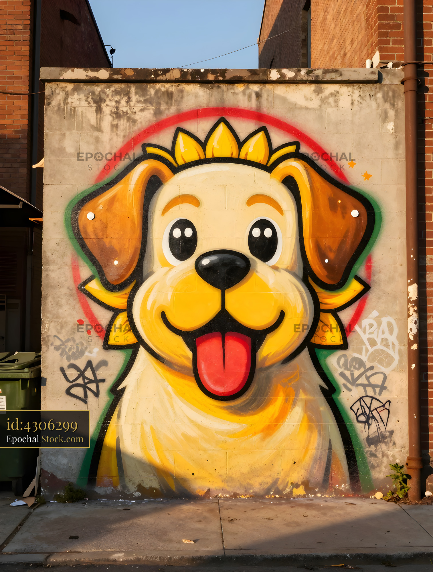 Bright dog mural on a wall in the city street during sunset Premium Stock Photo