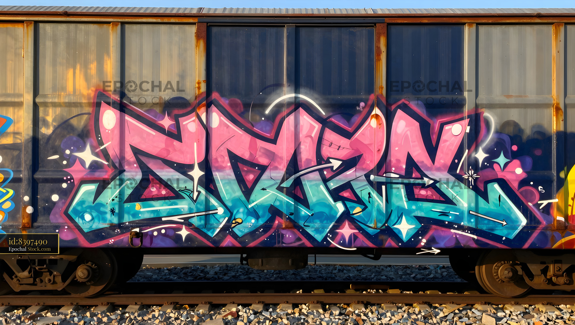 Train car with colorful graffiti in urban area during daylight Premium Stock Image