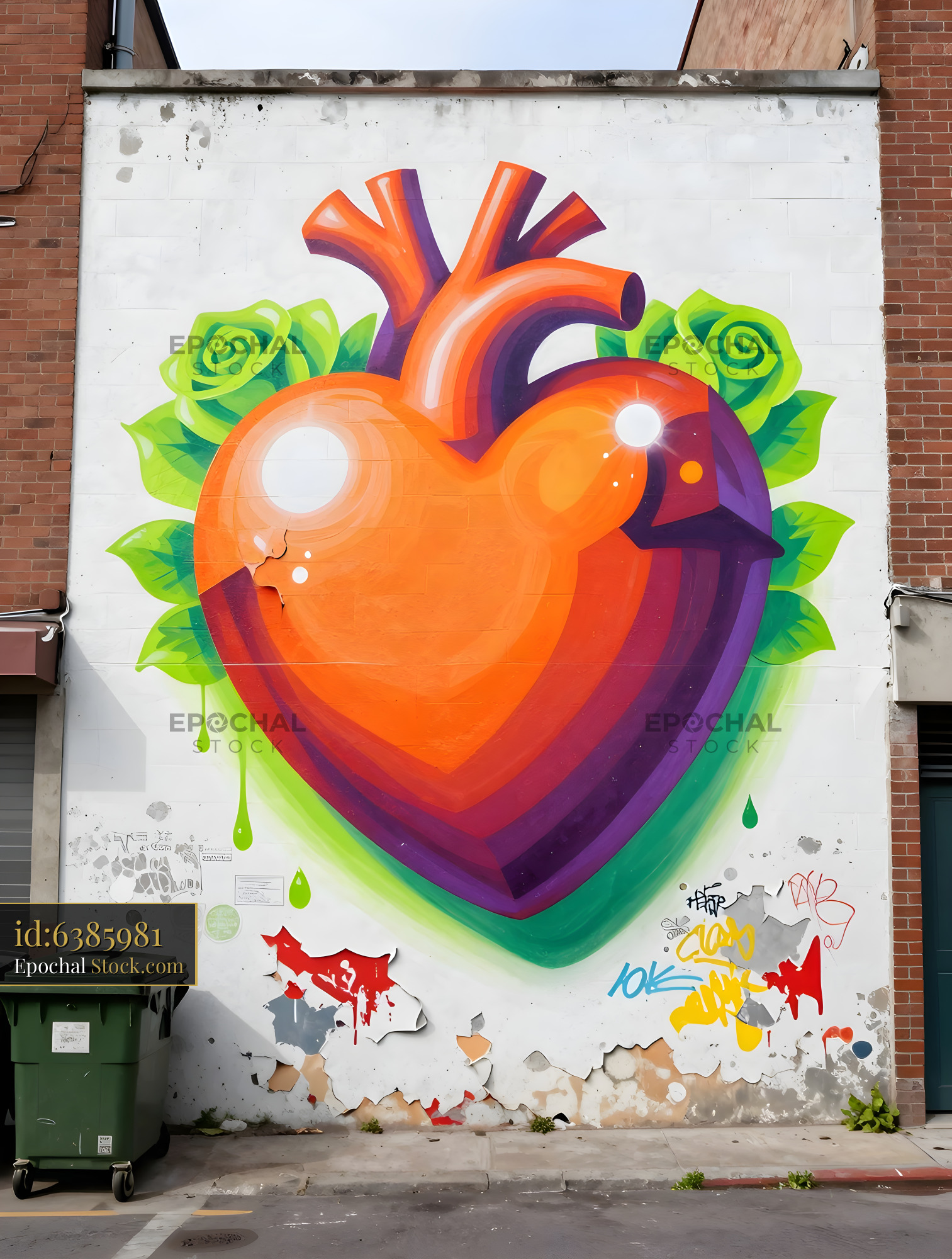 Colorful heart mural on a city building wall in an urban area Premium Stock Photo