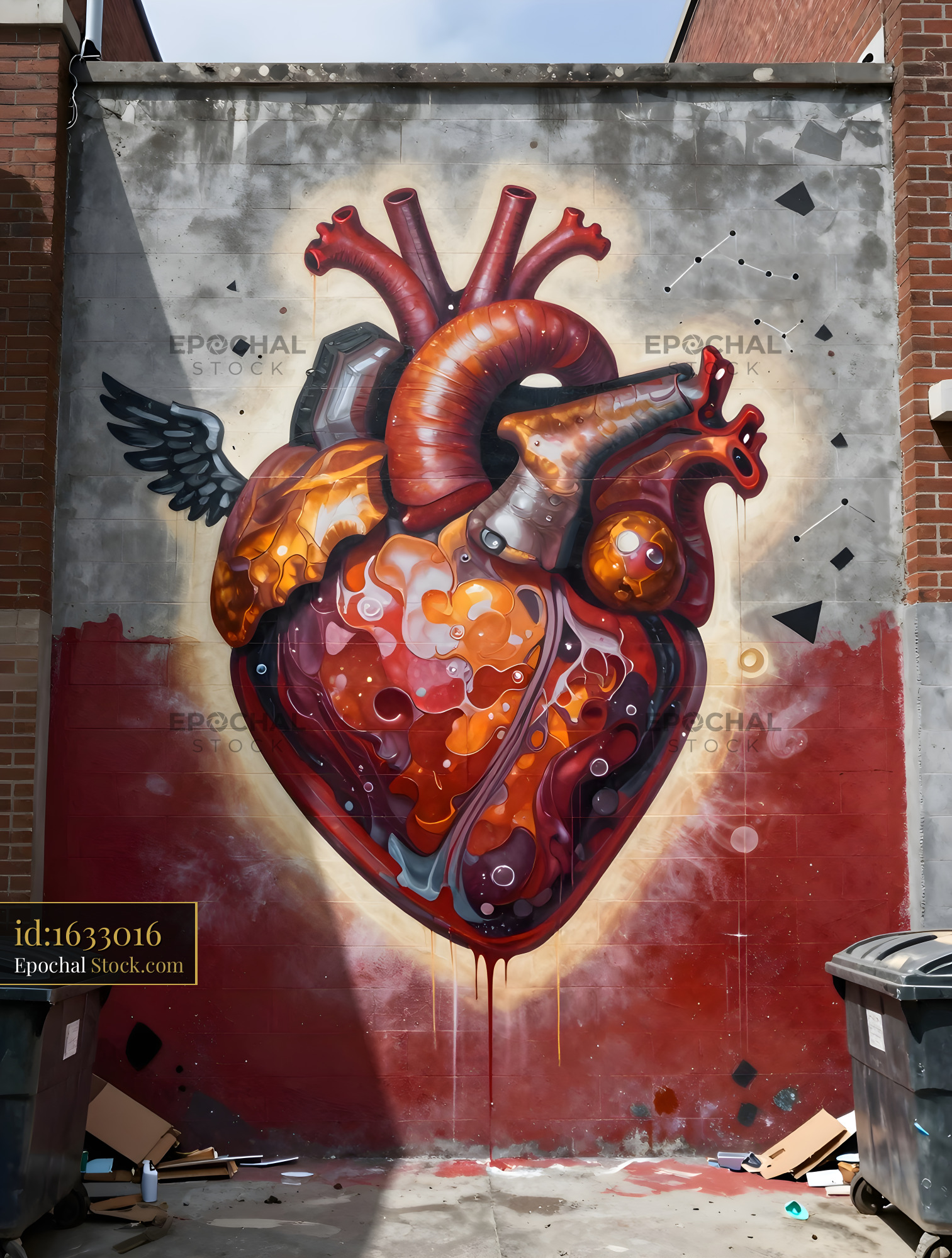 Mural of a heart with wings painted on a wall outside Premium Stock Image