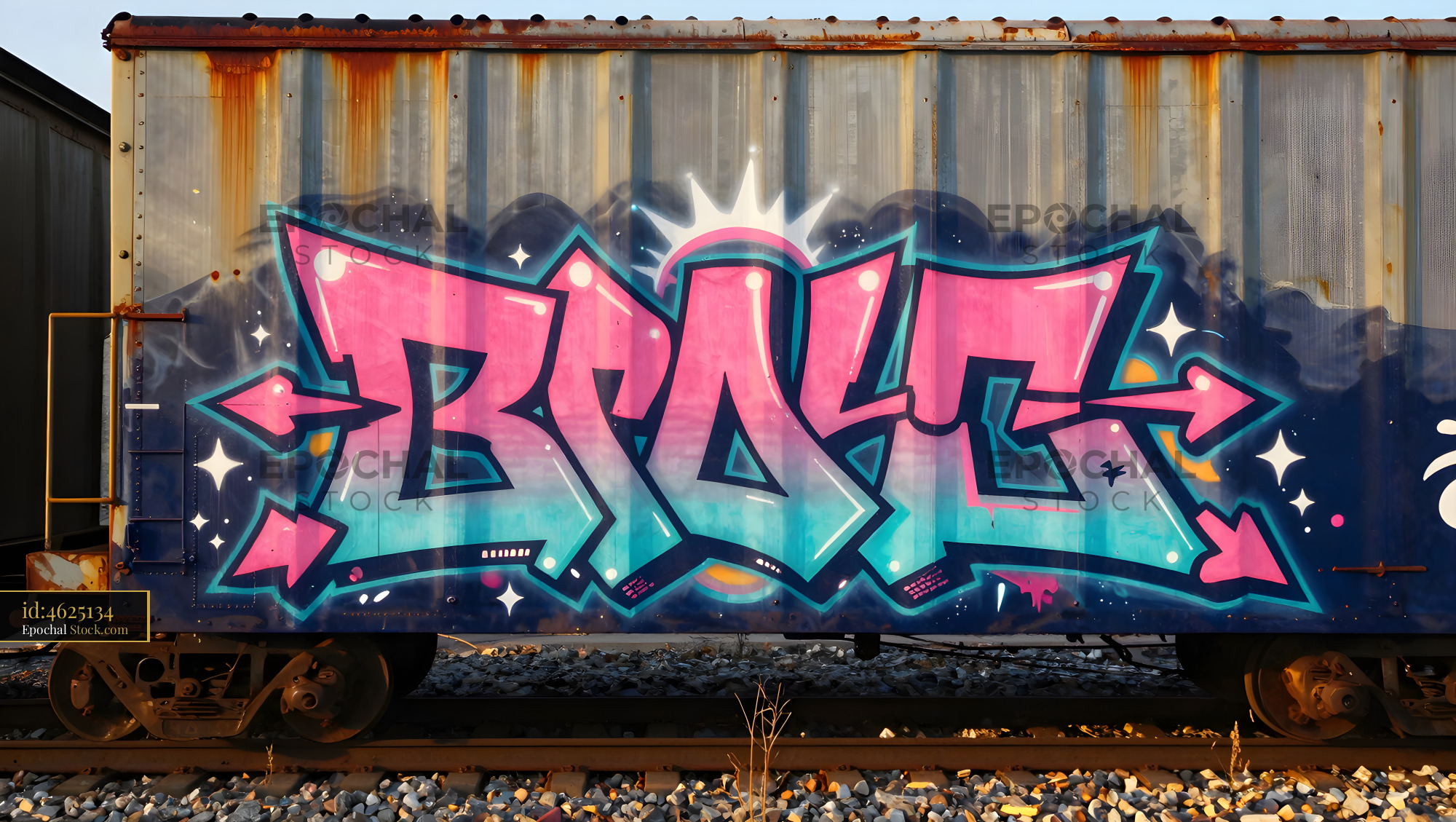 Colorful graffiti on a train car in an urban setting Premium Stock Image
