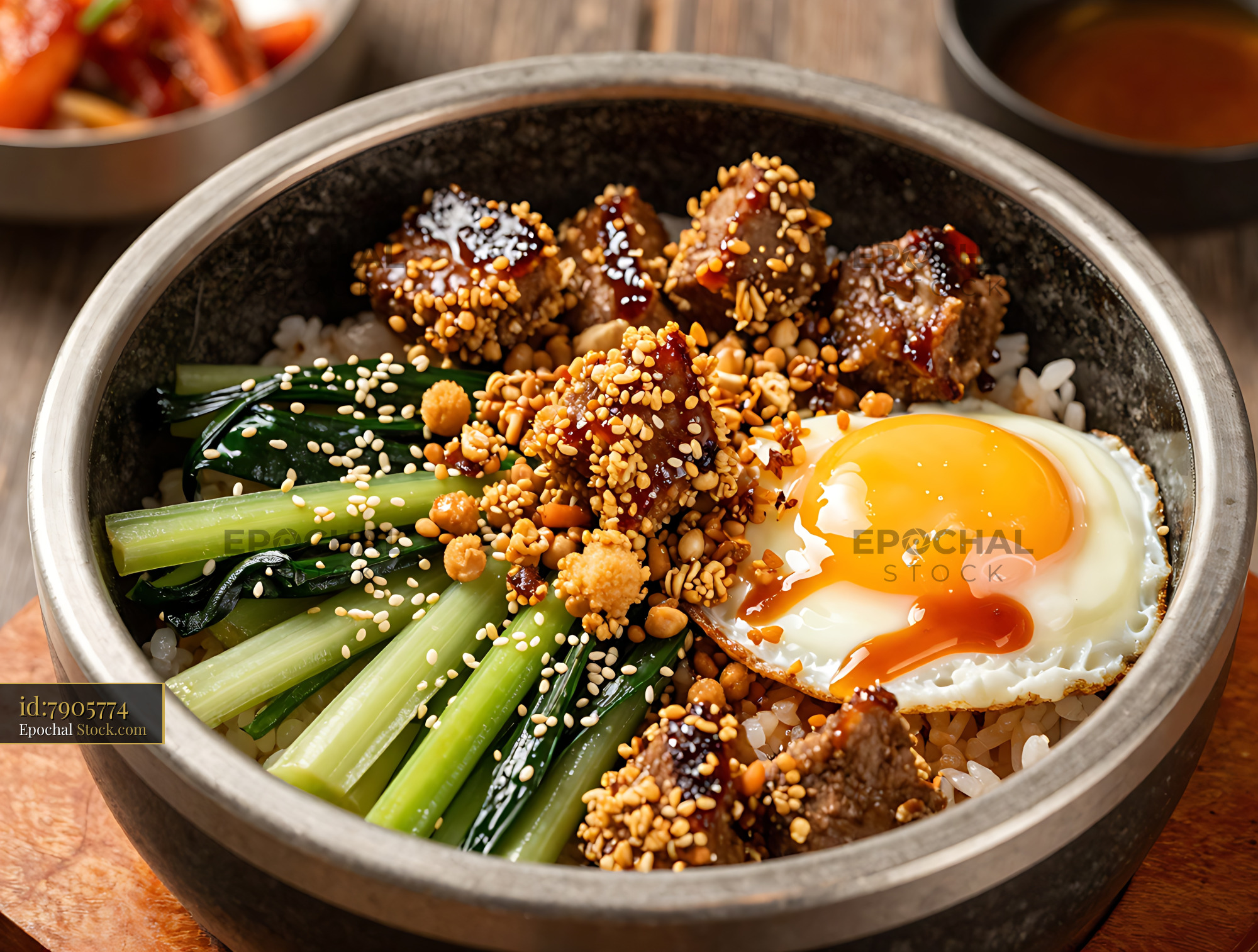Goetta Bibimbap Stone Bowl with Fried Egg - stock photo