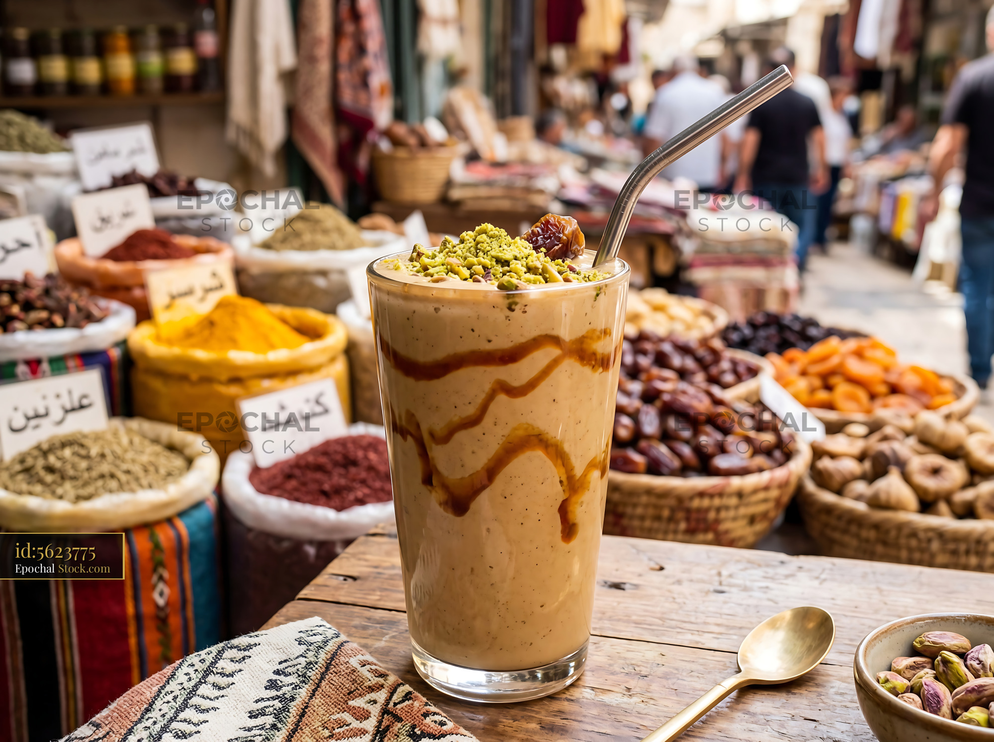Pistachio Dessert Drink at Bustling Souk Market - stock photo