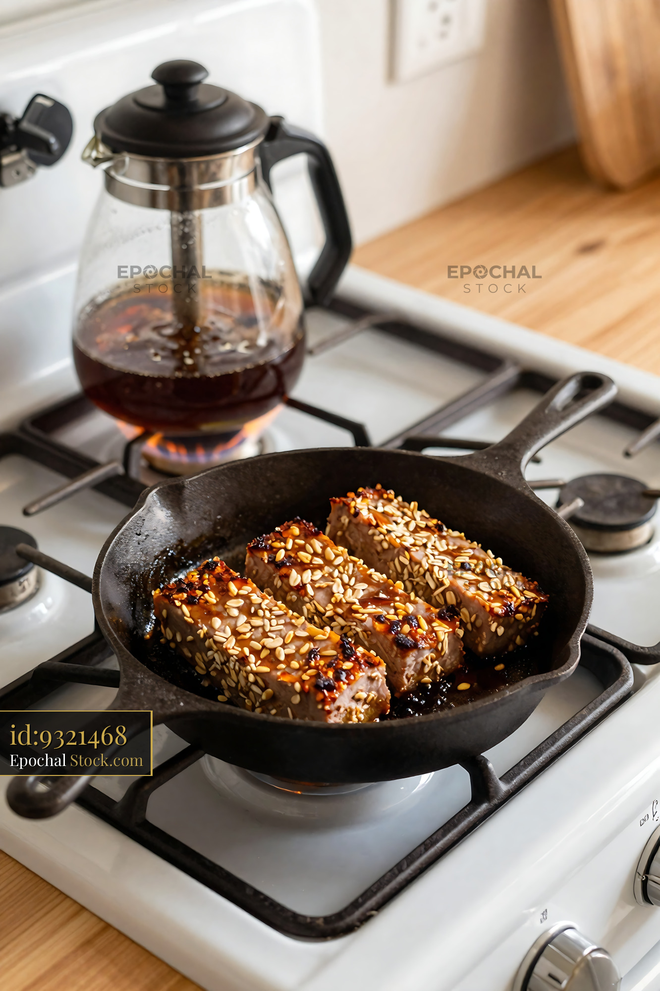 Goetta Searing in Cast Iron Skillet - stock photo