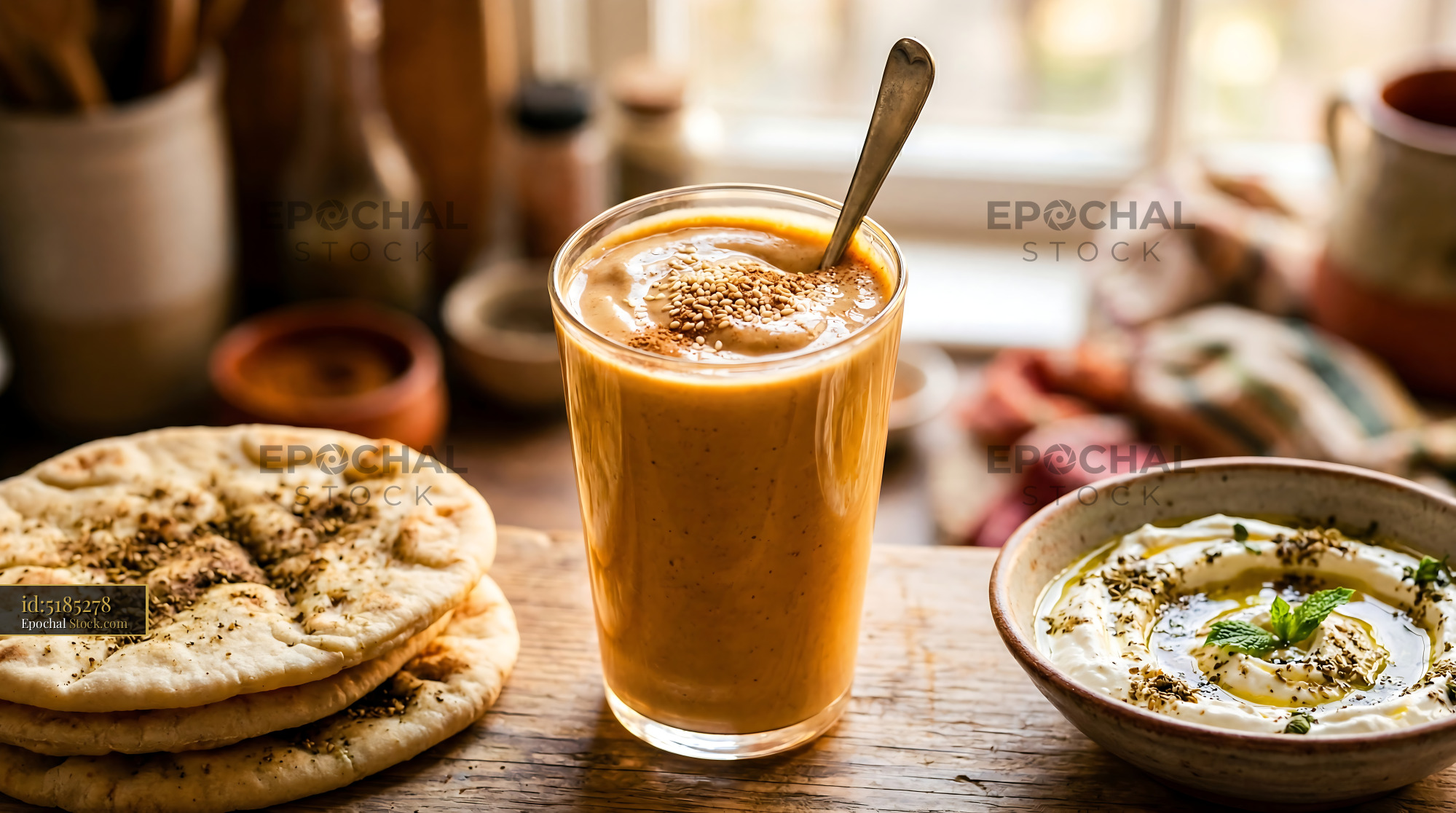 Tahini Date Shake With Flatbread & Hummus - stock photo
