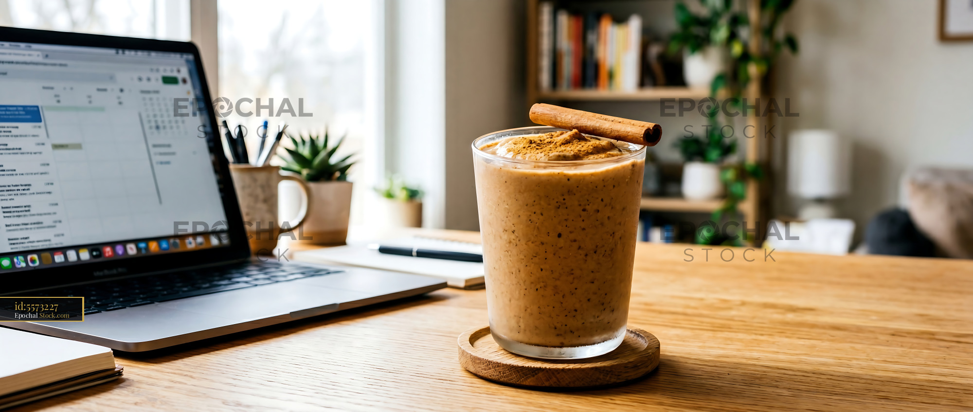 Tahini Date Shake on Wooden Desk at Home - stock photo