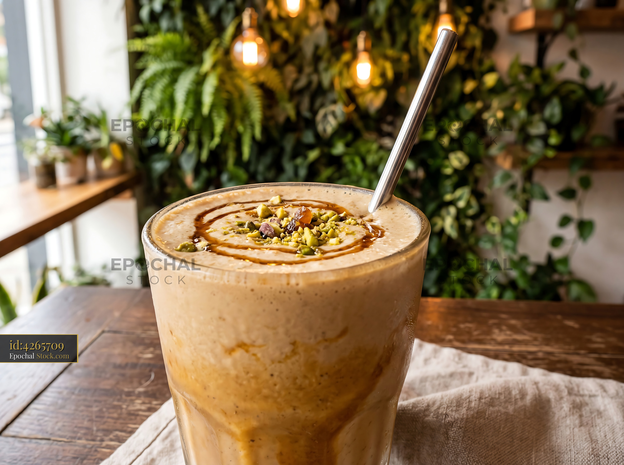 Tahini Date Shake Topped with Pistachios - stock photo