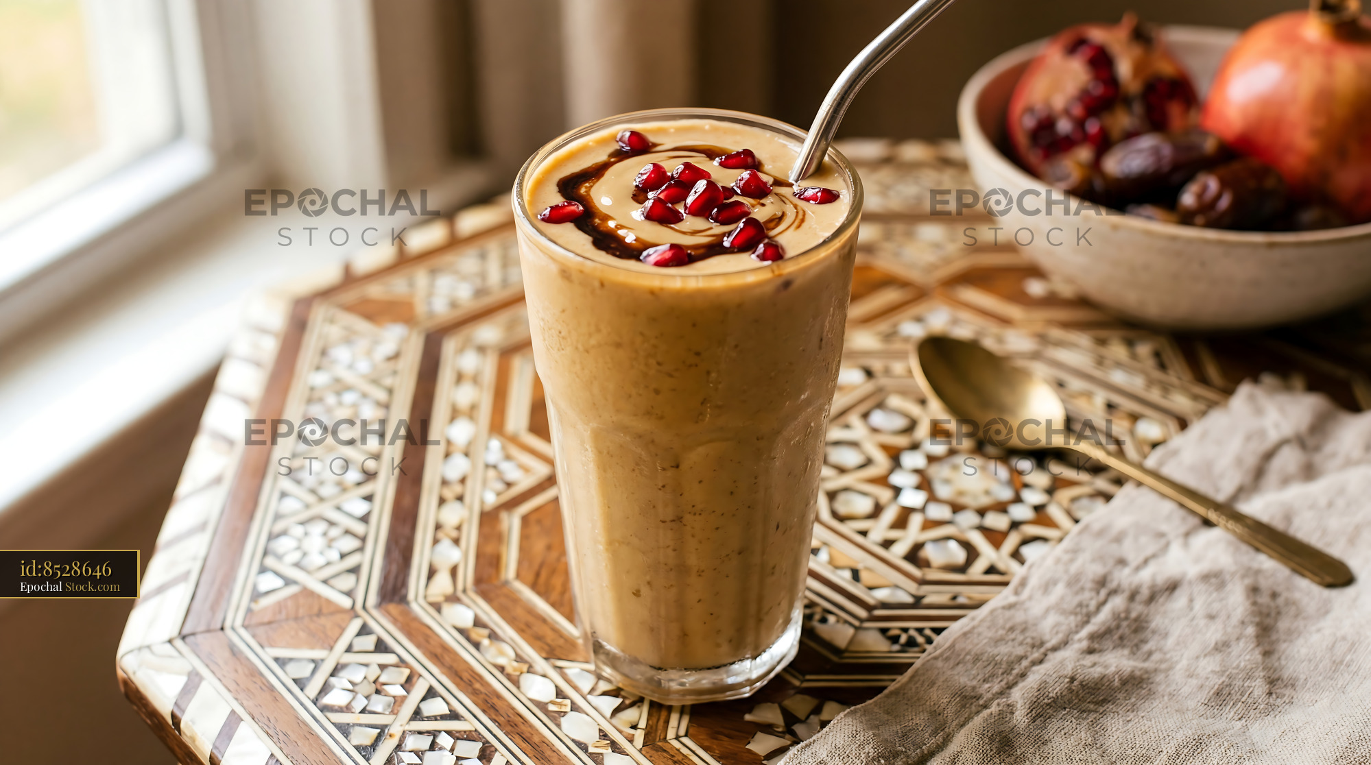 Tahini Date Shake with Pomegranate Arils - stock photo