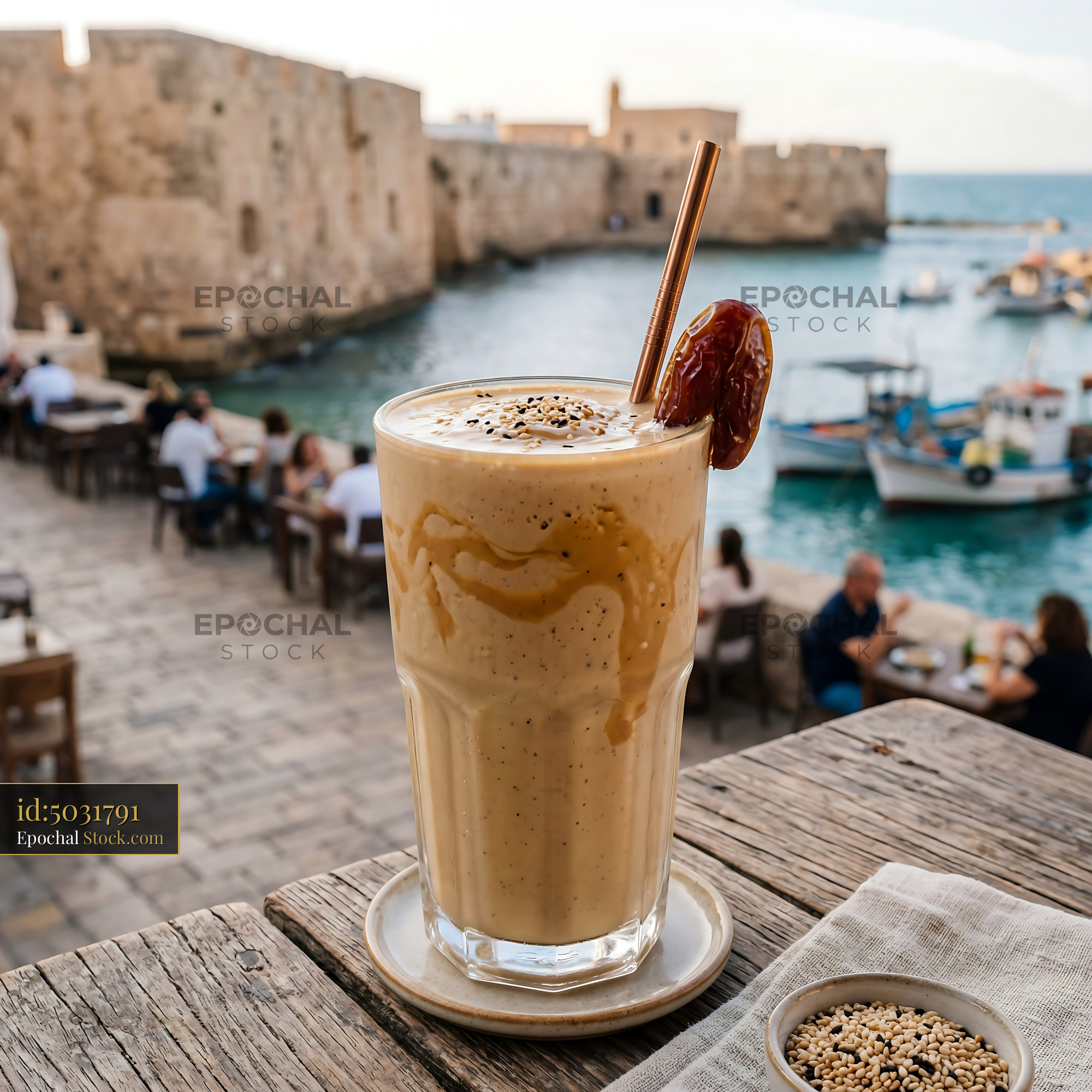 Tahini Date Shake at Mediterranean Harbor - stock photo